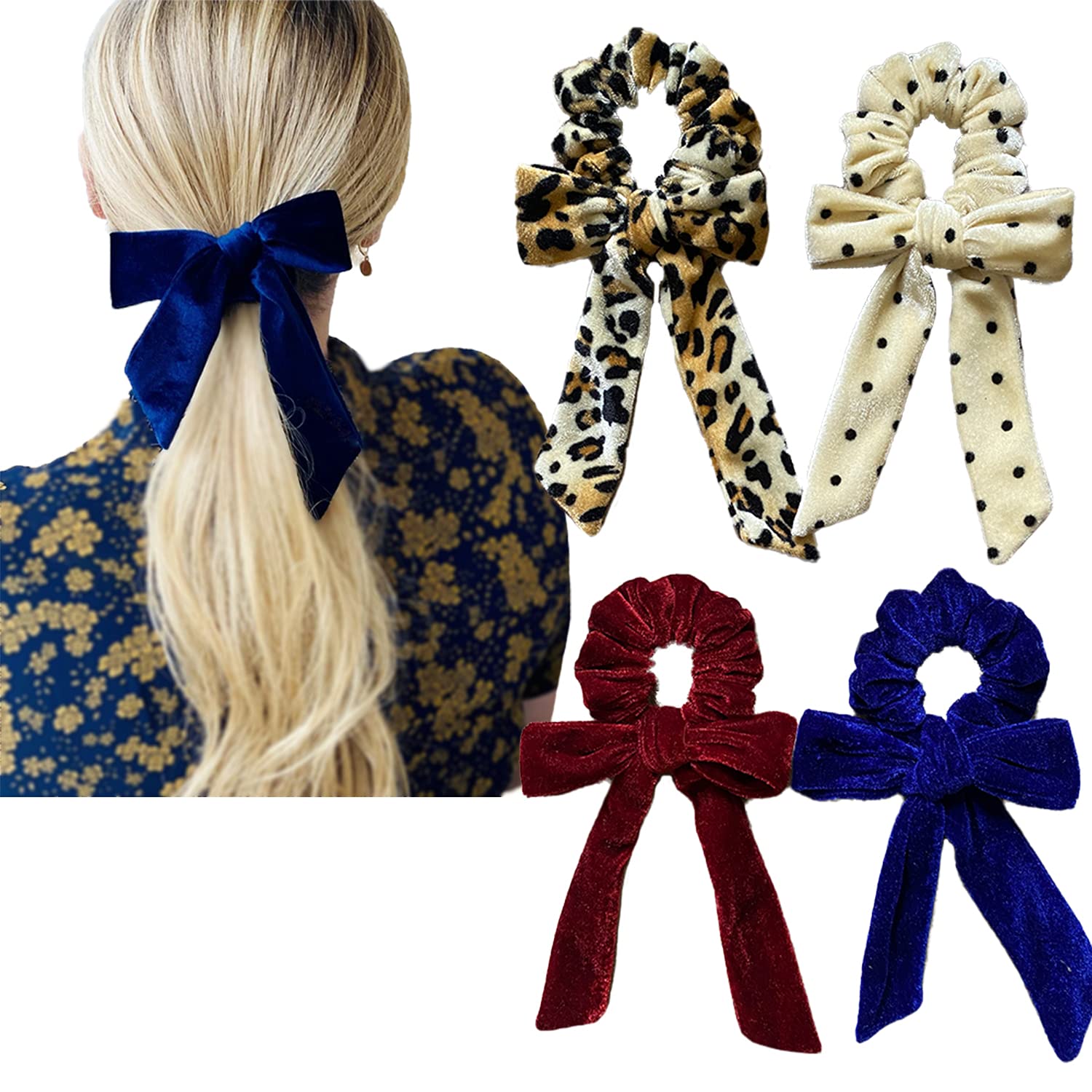 SILVR BEAR Luxury Velvet Bow Ribbon Scarf Scrunchies | Same 4 as PIC | Buttery Soft Velvet | Anti-Hair-Breakage, Stylish Scrunchy for Girls, Women, Hair Ties (4 - Polka, Cheetah, Maroon, Royal Blue) (B095KMGH4Z) Amazon Price History, Amazon Price Tracker