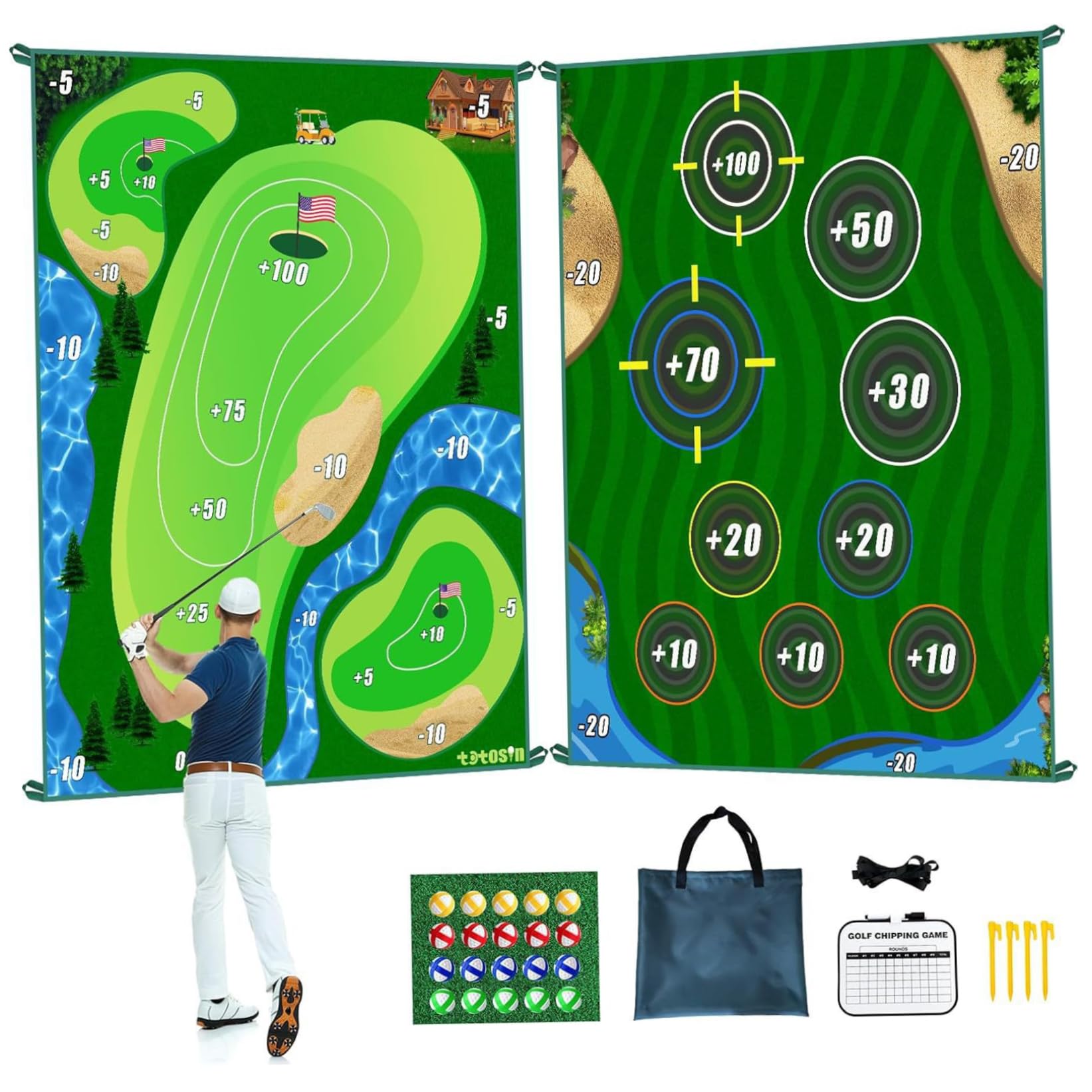 BeVistoso Golf Chipping Game, Golf Chipping Game, Double Sided Mat with Sticky Balls - Indoor & Outdoor Practice Mat for Backyard, Lawn, Office Fun