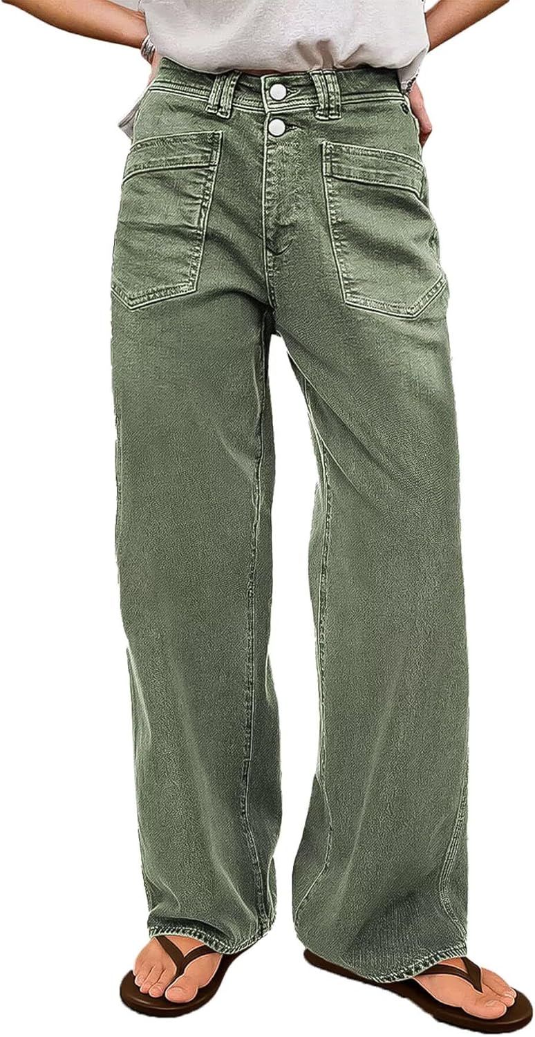 Flamingals High Stretch Straight Leg Mid Rise Double Button Patch Pocket Front Zipper Closure Comfort Womens Pants