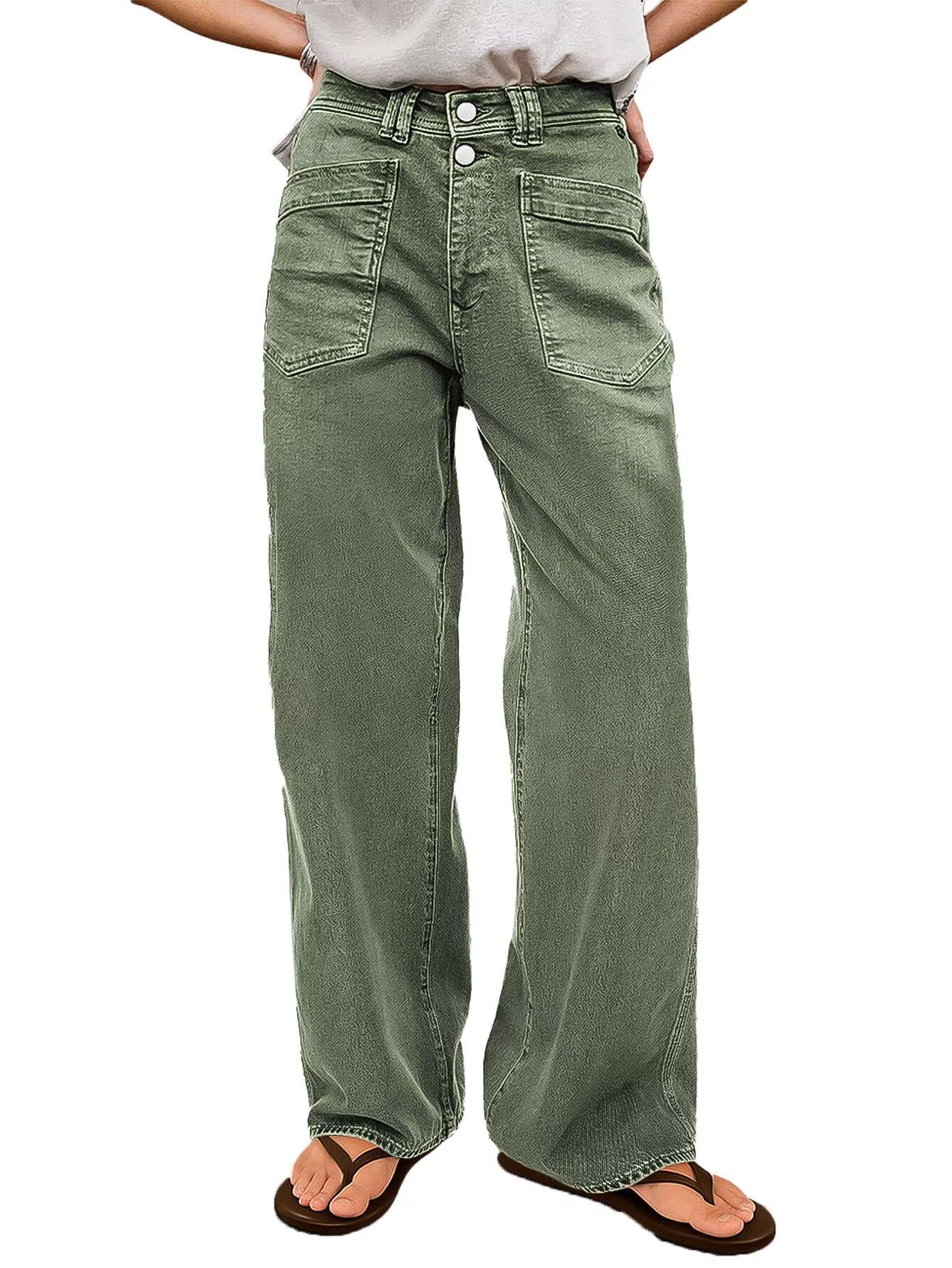 Flamingals High Stretch Straight Leg Mid Rise Double Button Patch Pocket Front Zipper Closure Comfort Womens Pants