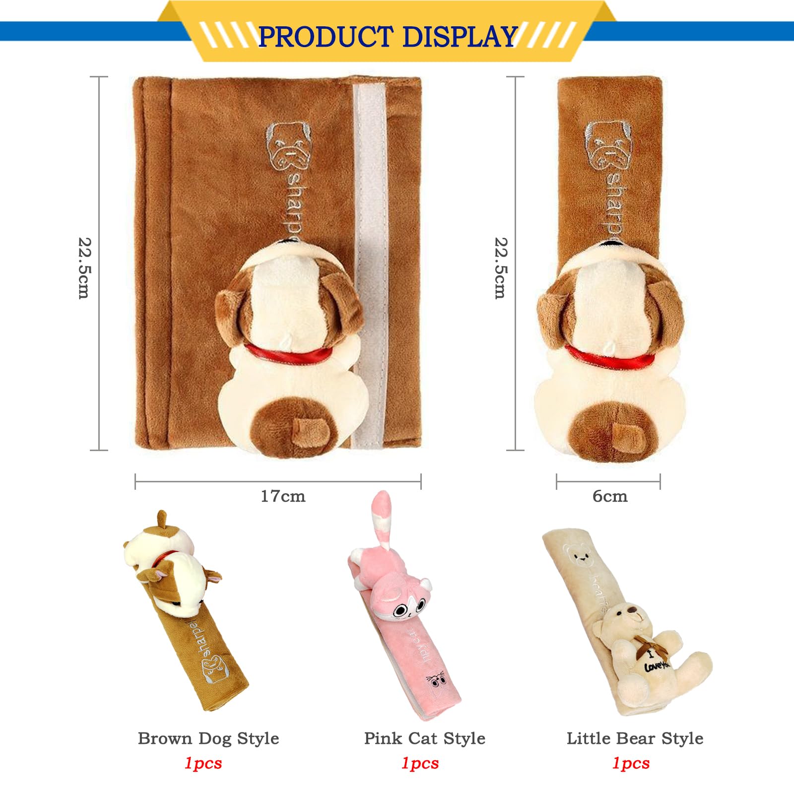 Lot De 3 Protège-Ceintures Voiture Enfant Mignons - Coussin Doux Anti-Irritation - Dessins Animés Adorables (Chien, Chat, Ours)