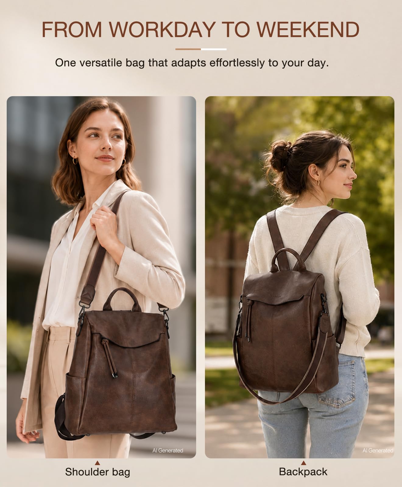 VX VONXURY Sac a Dos Femme en Cuir PU Sac a Dos Antivol avec Poche Arrière Sacs à Dos loisir pour Travail, Scolaire, Voyage