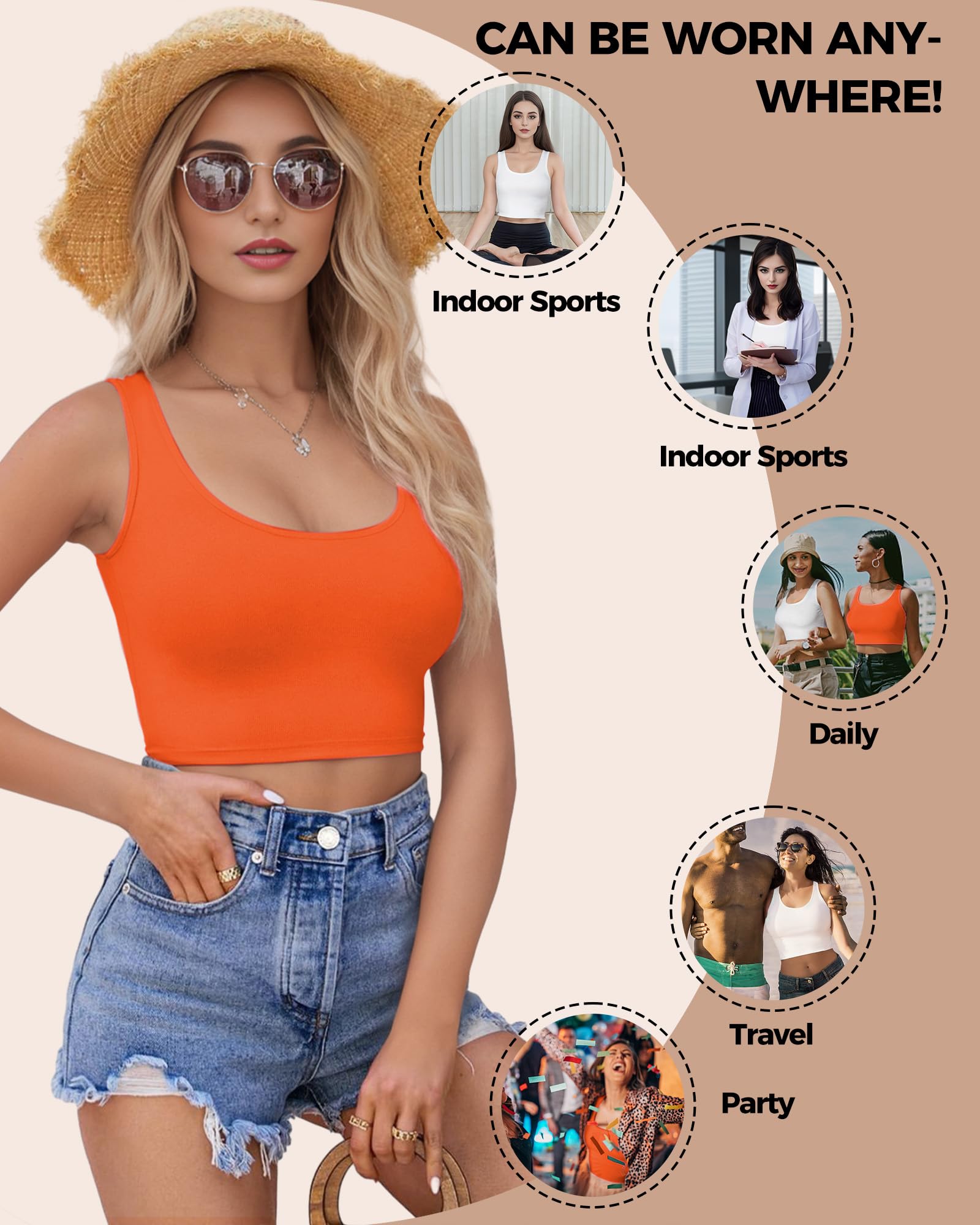 2-3 canottiere da donna, crop top senza maniche con scollo a U, crop top basic corto racerback per uscire magliette sportive atletiche, Bianco+arancio, XX-Large