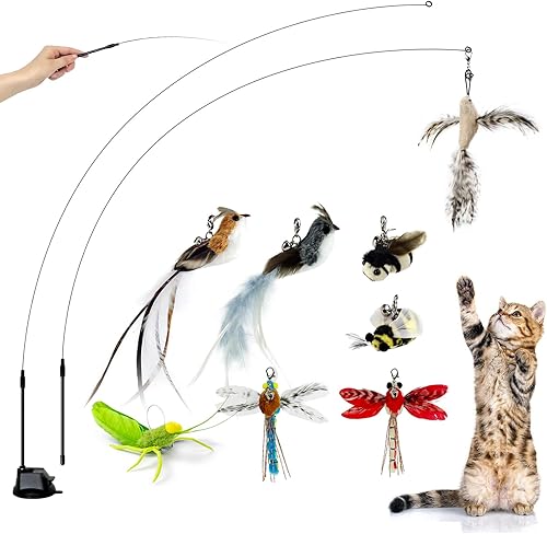 TTcat Juguetes de plumas para gatos, 2 varitas para gatos, 8 piezas de pájaros e insectos, libélula saltamontes de simulación de plumas con