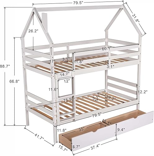 Miniatura 2 de HYC Litera moderna de casa individual sobre individual con dos cajones marco de cama de madera individual con diseño de techo y chimenea litera para