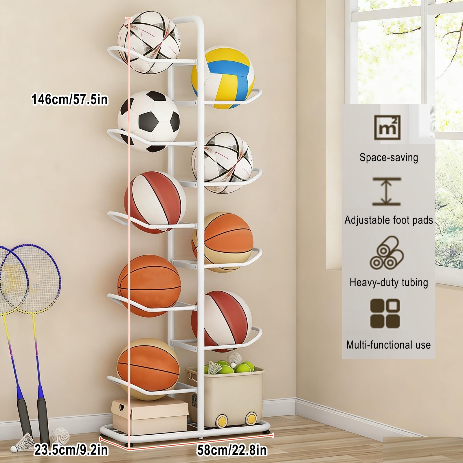 Rastrelliera da Basket, Scaffale Stoccaggio Attrezzature Sportive, Robusto E Stabile, Conservazione su più Livelli, Ideale per Pallavolo, Calcio E Pallacanestro, Rastrelliera per Palloni
