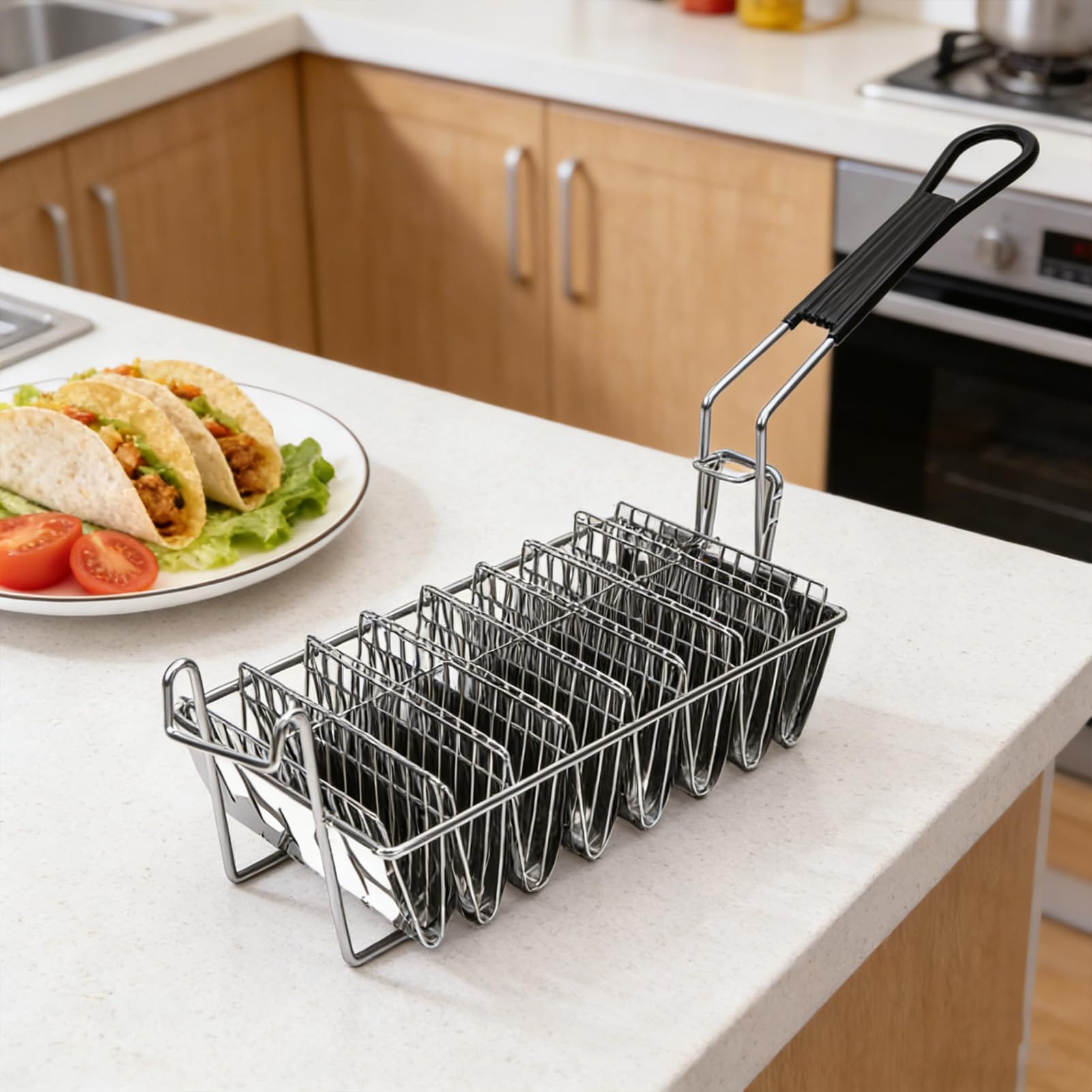 Cestello per Friggitrice per Taco, Stampo per Conchiglie per Taco a Forma di V in Acciaio Inossidabile a 8 Conchiglie con Impugnatura, per Uso Domestico in, Ristorante, Cestello per Frittura
