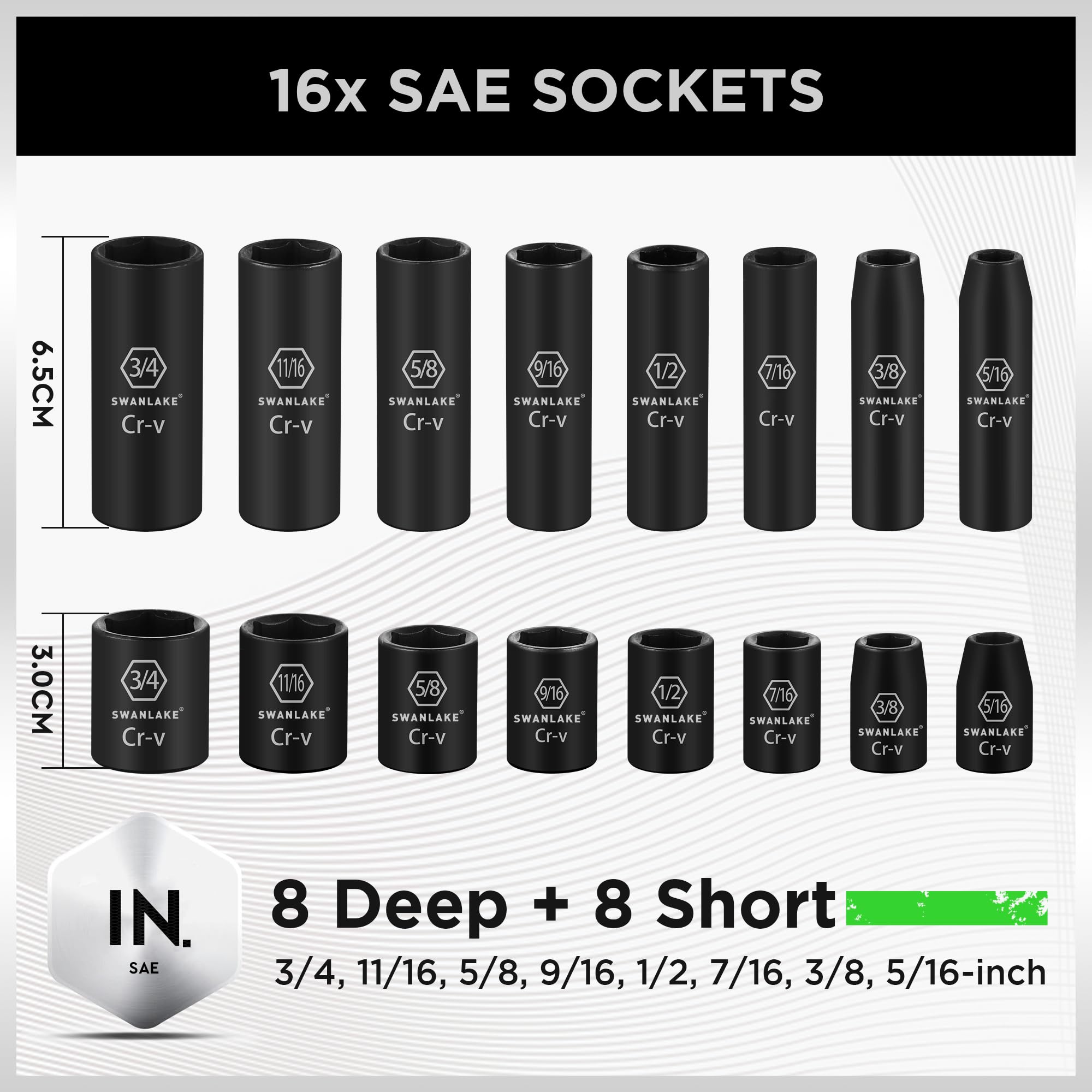 SWANLAKE - Set di chiavi a bussola da 3/8", 50 pezzi, standard SAE (5/16 a 3/4") e metriche (8-22 mm), 6 punti, Cr-V, impugnatura a cricchetto da 3/8", barra di estensione, giunto universale