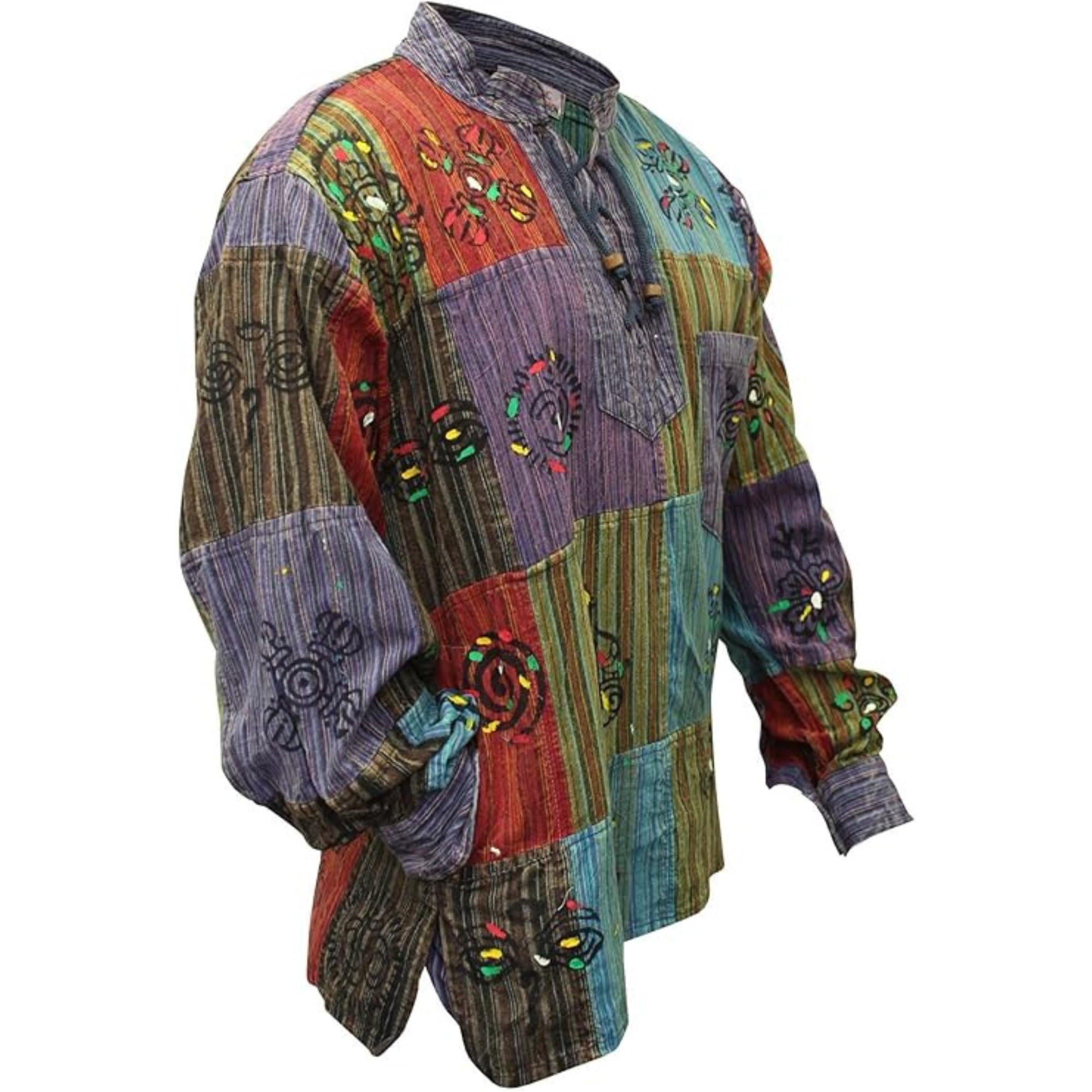 SHOPOHOLIC FASHION Mens Patchwork Stonewashed Hippie Shirt (4XL) Multicoloured