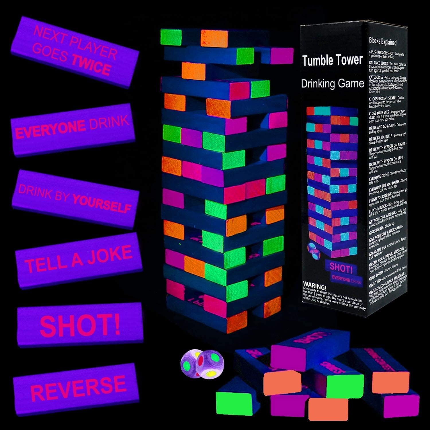 Black Light Tumble Tower -Glowing Blocks Tumble Tower Suitable for Day Or Night, 54 Blocks with Hilarious Drinking Commands and Games on 45 of Them, Games Stacking Games or Games for Adults Party