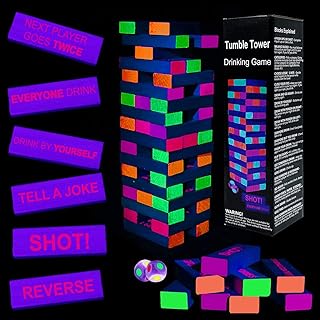 Drinking Games for Adults Party, Black Light Tumble Tower -Glowing Drinking Games Suitable for Day Or Night, 54 Blocks with Hilarious Drinking Commands, Stacking Games for adults party