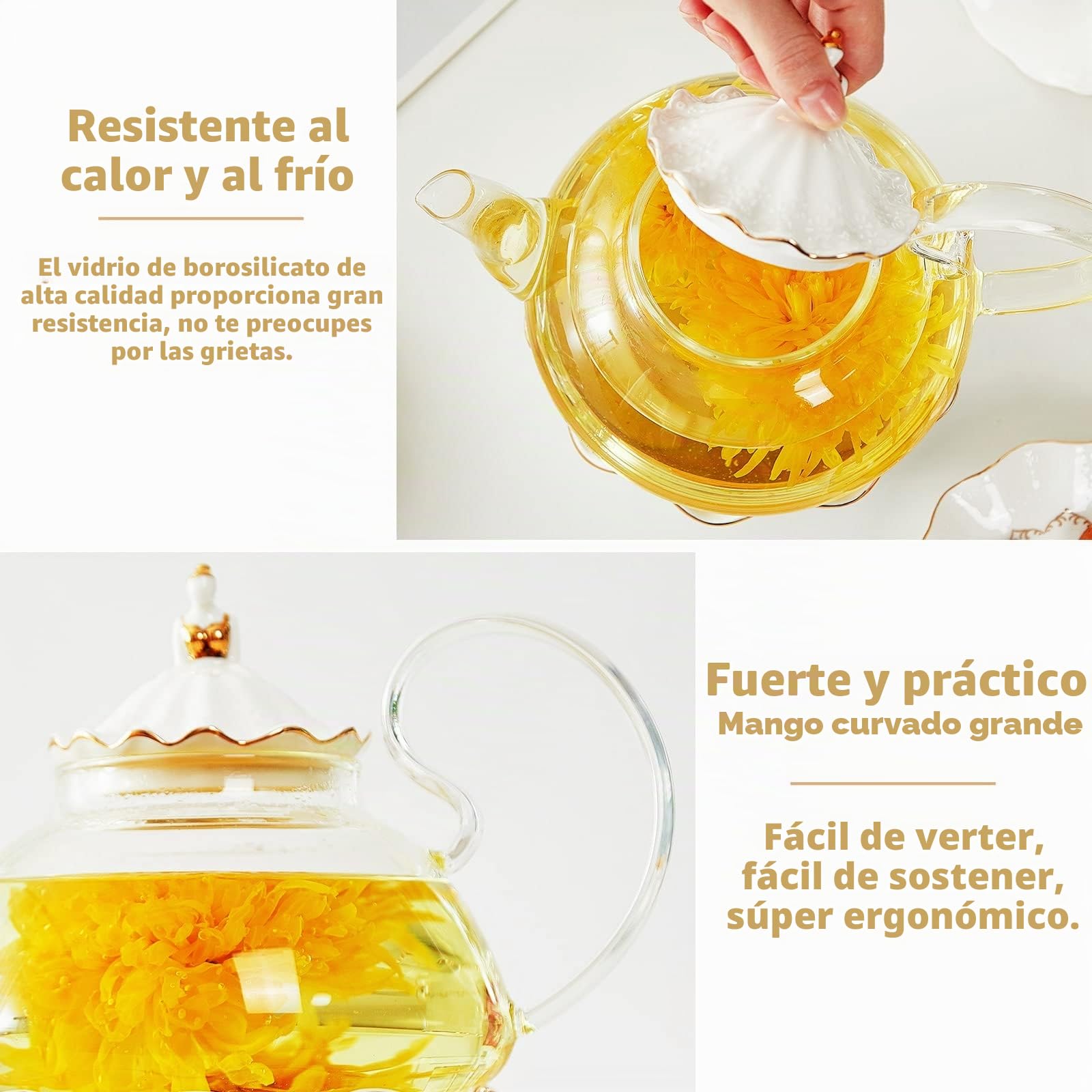 DUJUST Tetera Cristal de 1200ml con Calentador, Diseño de Lujo con Decoración en Relieve y Adornos Dorados, Tetera Transparente Artesanal con Infusor, Regalo y Decoración Seguro para la Estufa
