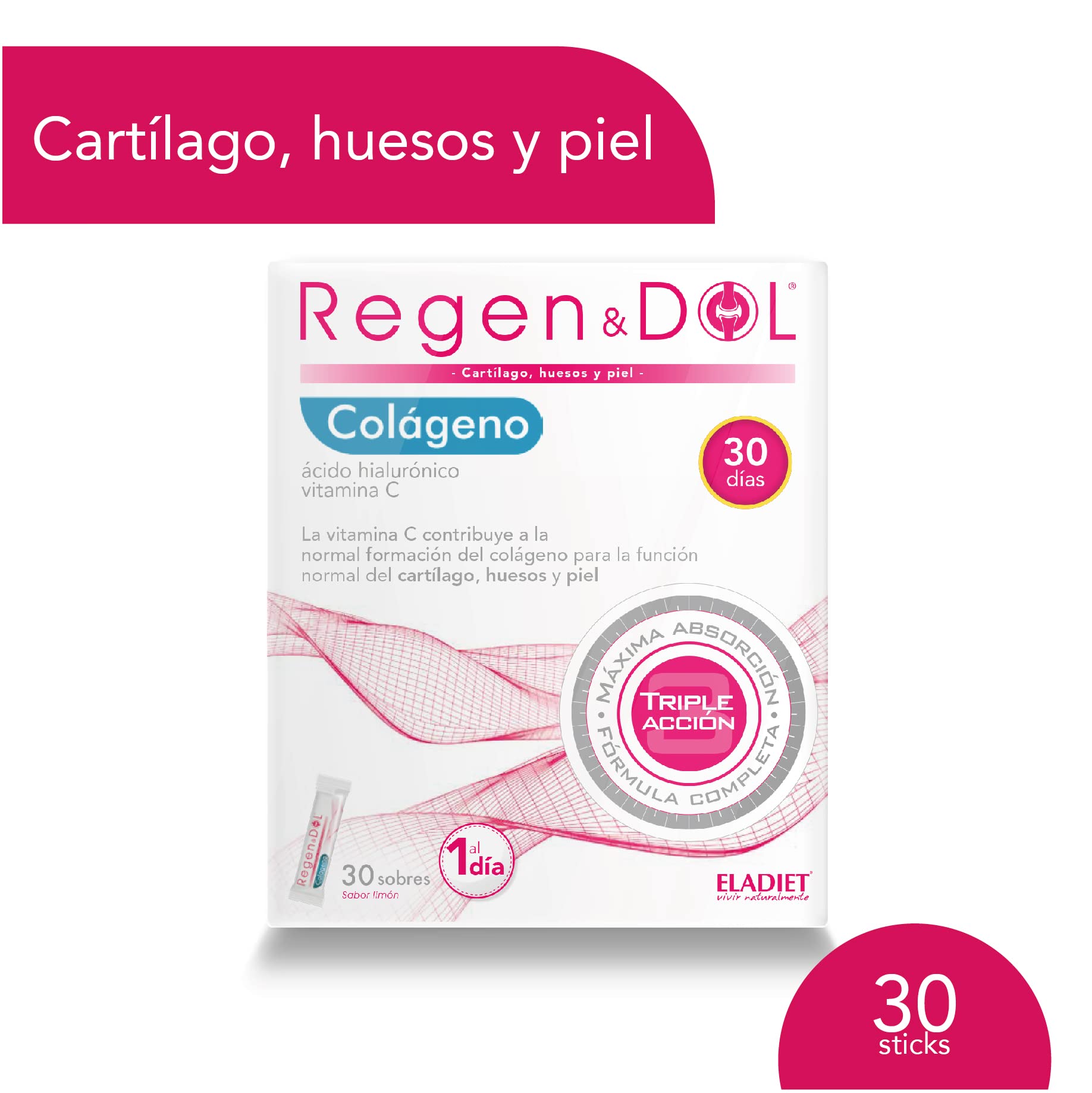 REGENDOL COLÁGENO Hidrolizado Puro [10G ALTA DOSIS Y ABSORCIÓN] con Vitamina C y Ácido Hialurónico - Potente Antioxidante para la Piel - Para Huesos y Articulaciones | 30 sticks ELADIET (Paquete de 2)