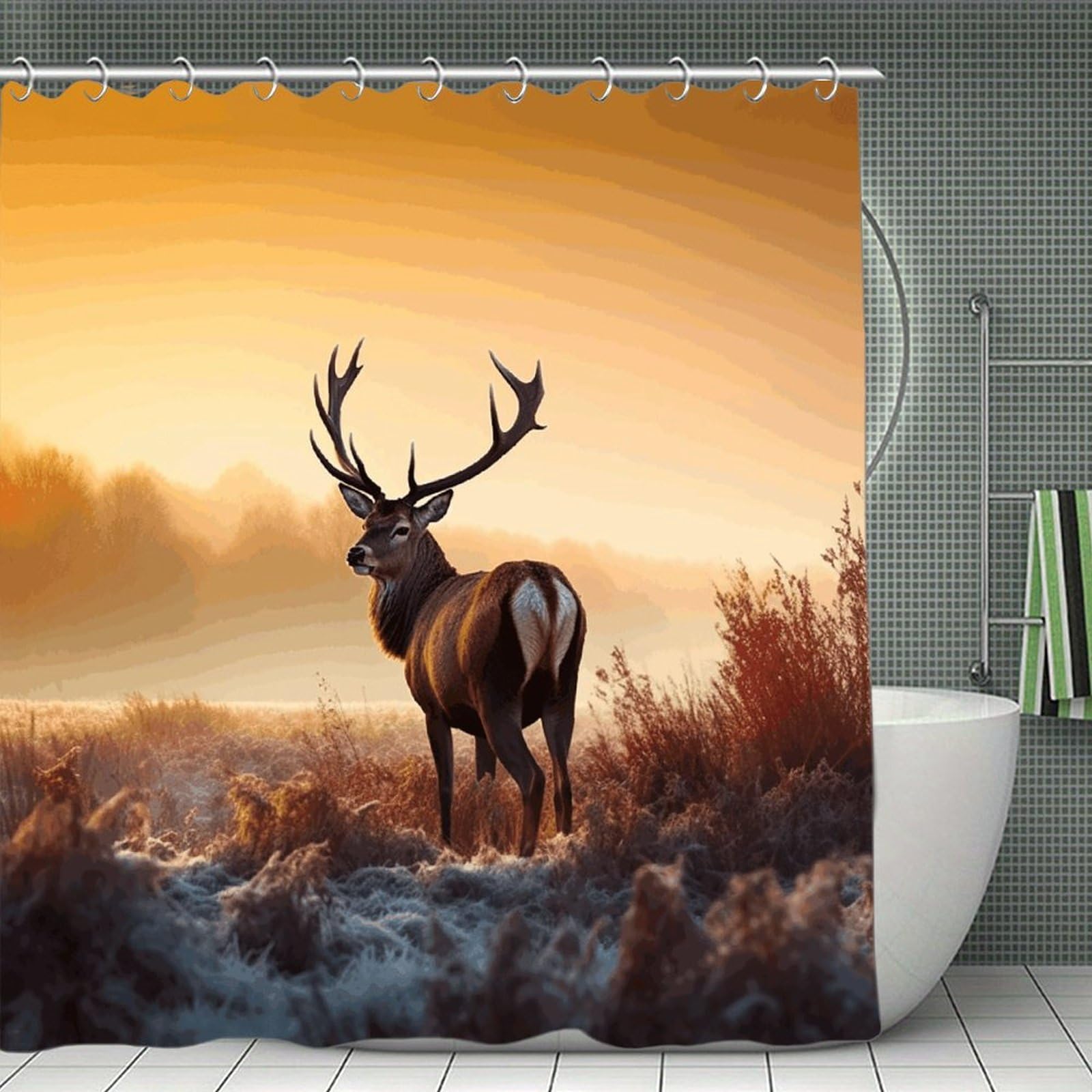 FekiLoot Landscape Deer Shower Curtain Minimalist Aesthetic Bath Curtain with Hooks Simple Water Resistant Bathroom Shower Curtains Cute Blackout Privacy Curtains Cloth Curtain