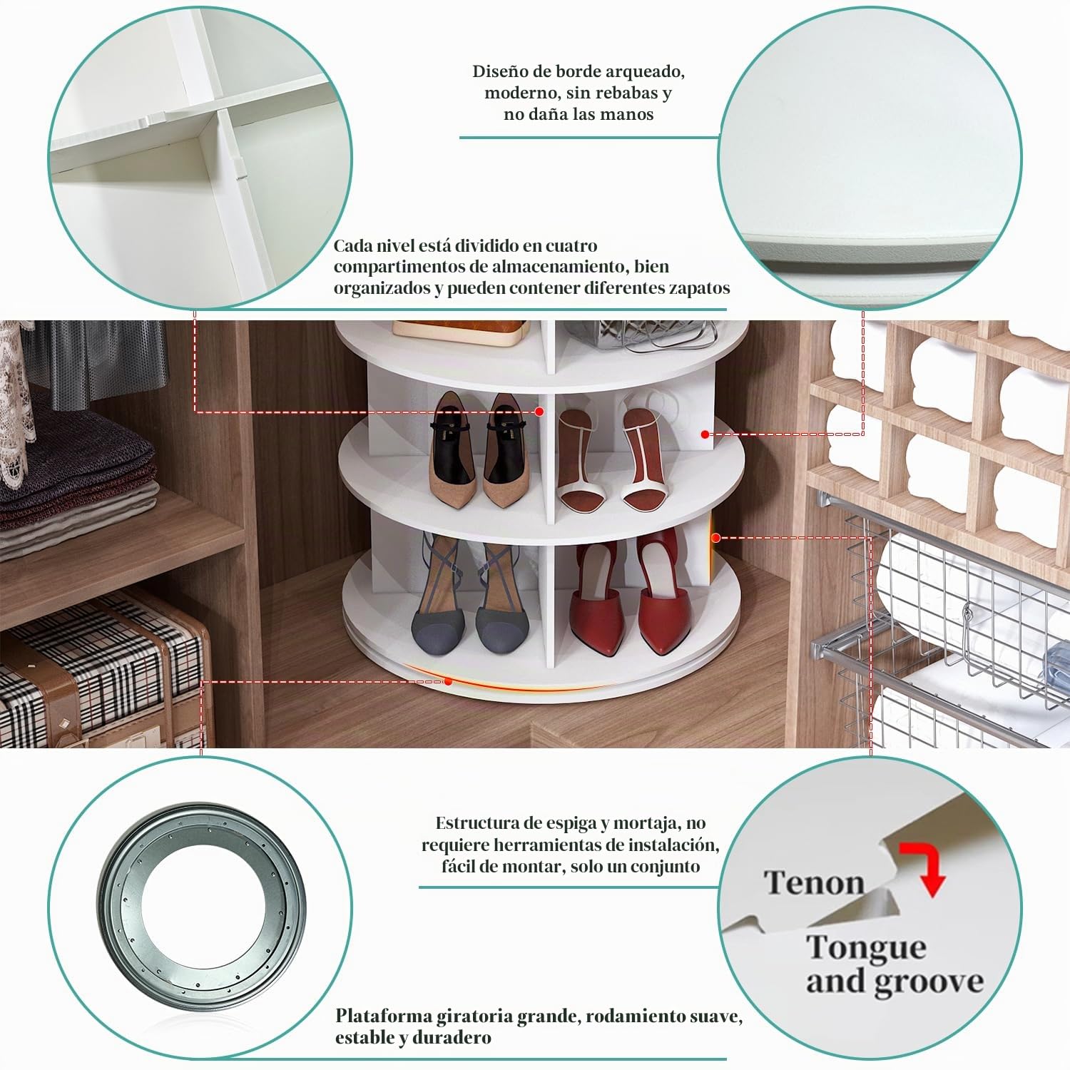 PTUWODS Zapatero giratorio, 360 grados, organizador de zapatos, carrusel redondo, bolso vertical, organizador de zapatero (blanco, 7 niveles)