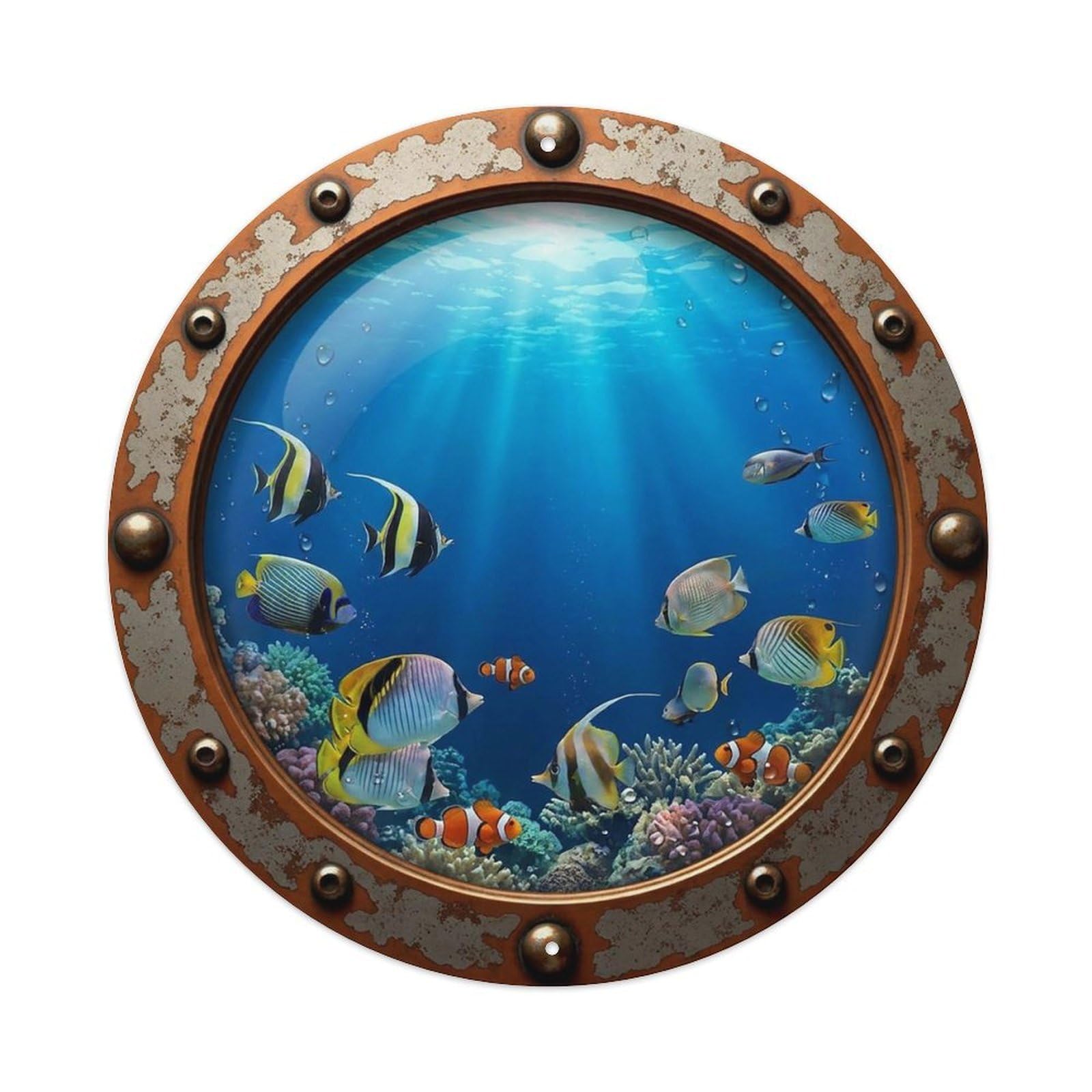 Cwbufd Vintage Style Vintage Porthole Angelfish Nautical Window View Vintage Metal Tin Sign Plaque Wall Decor For Cafe, Club Bar, Office, Garden Metal Poster 8X8inch