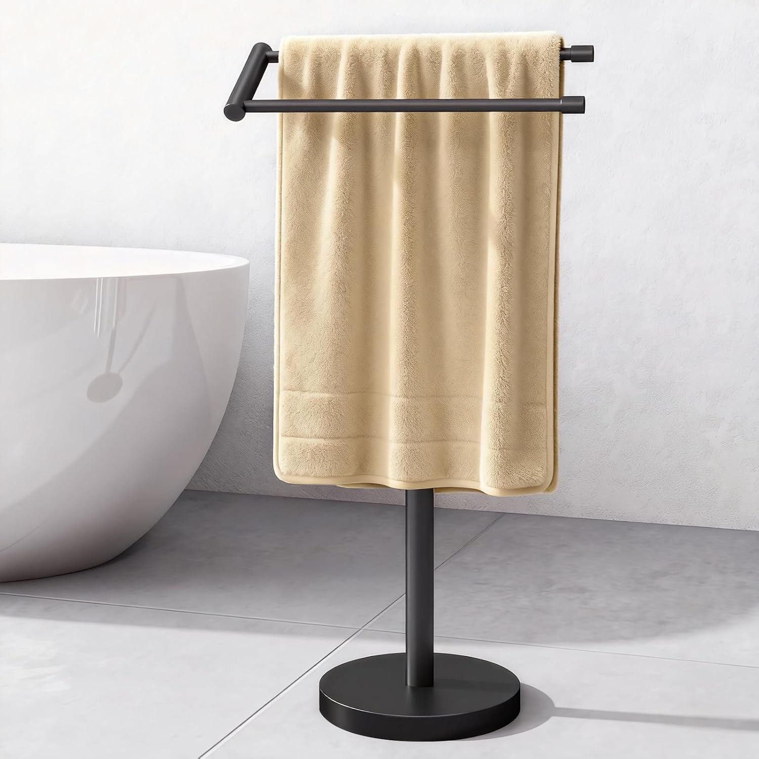YUMORE Standing Towel Rack T Shape Tall Bath Towel Holder, Modern Towel Drying Holder Stand Floor Towel Rack Stand with Heavy Base, Upgrade Steady Design for Bathroom, Swimming Pool, Matte Black