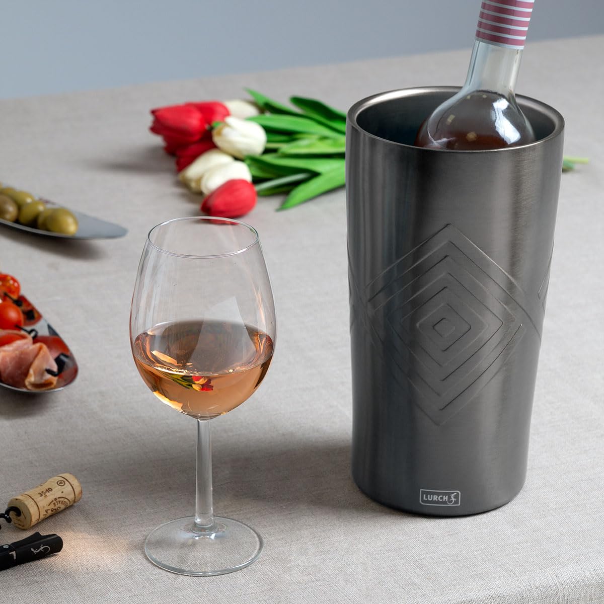 Lurch Refrigeratore per bottiglie di spumante, vino, acqua, limonata in acciaio inox grigio fumo