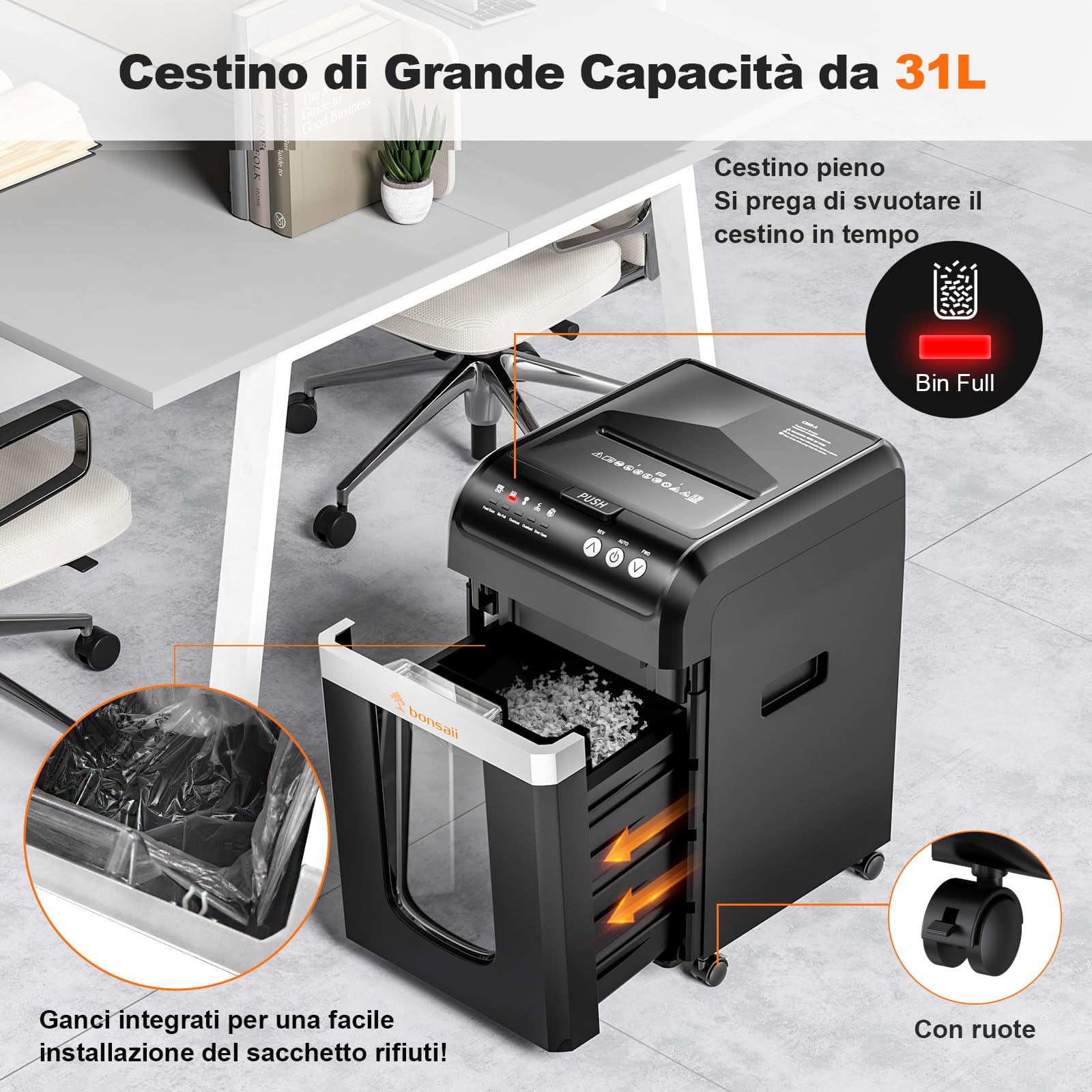 Bonsaii Distruggi documenti con Alimentazione Automatica da 200 Fogli, 60 Minuti di Funzionamento Continuo, Taglio a Frammento P-4, Cestino da 31L, Silenzioso e Ideale per Ufficio, C283-A