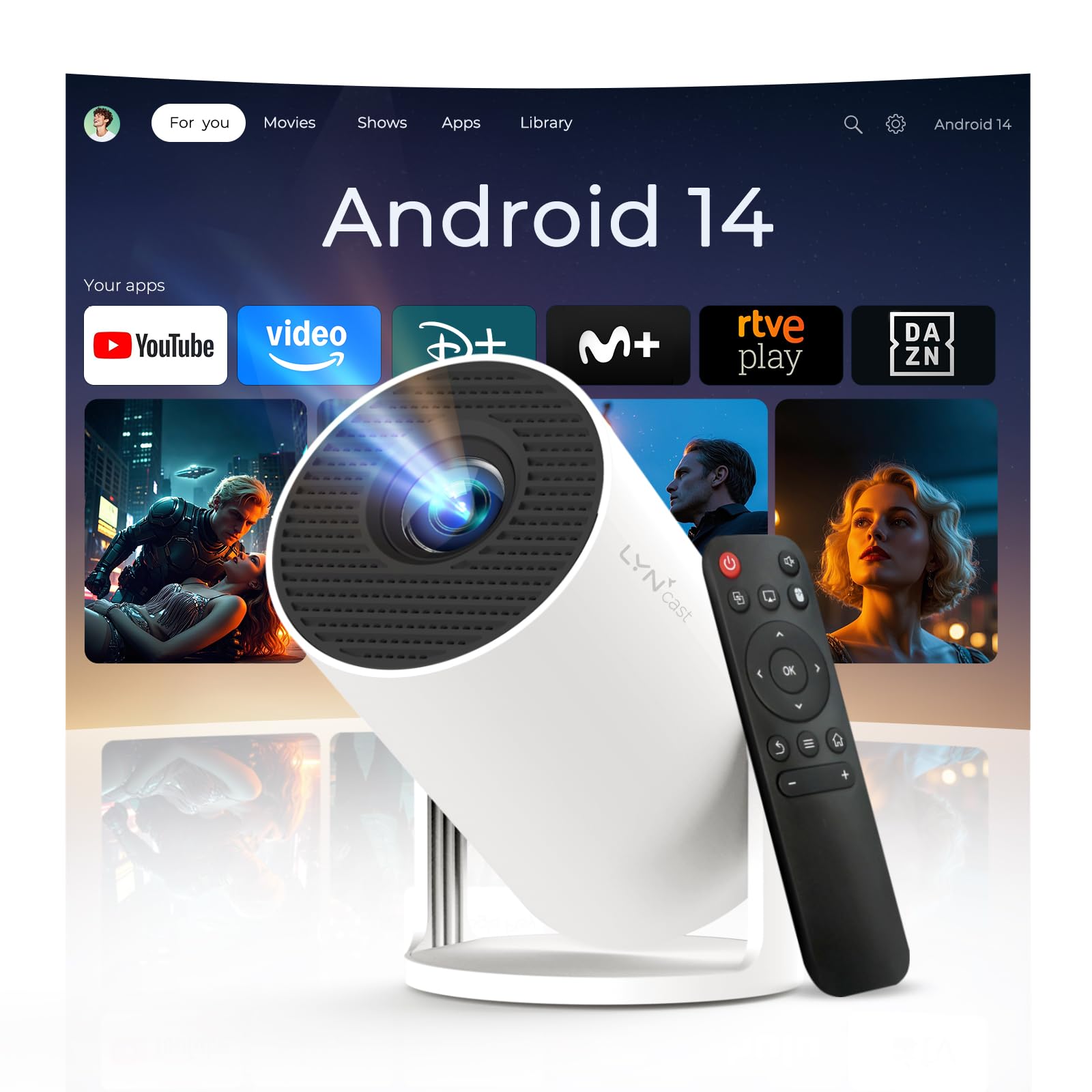 Mini Beamer with WiFi 6 and Bluetooth 5.4, Android 14, Supports 1080P 4K - OptiBarrel 500 White