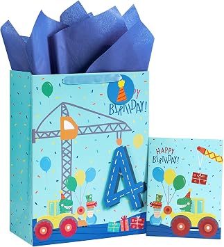 Loveinside Construction Truck Birthday Gift Bag for Boys, Blue Dinosaur, Number 4 and Happy Birthday Design with Tissue Paper, Tag, Greeting Card for Kids 4th Party, 10" x 5" x 13", 1 Pcs