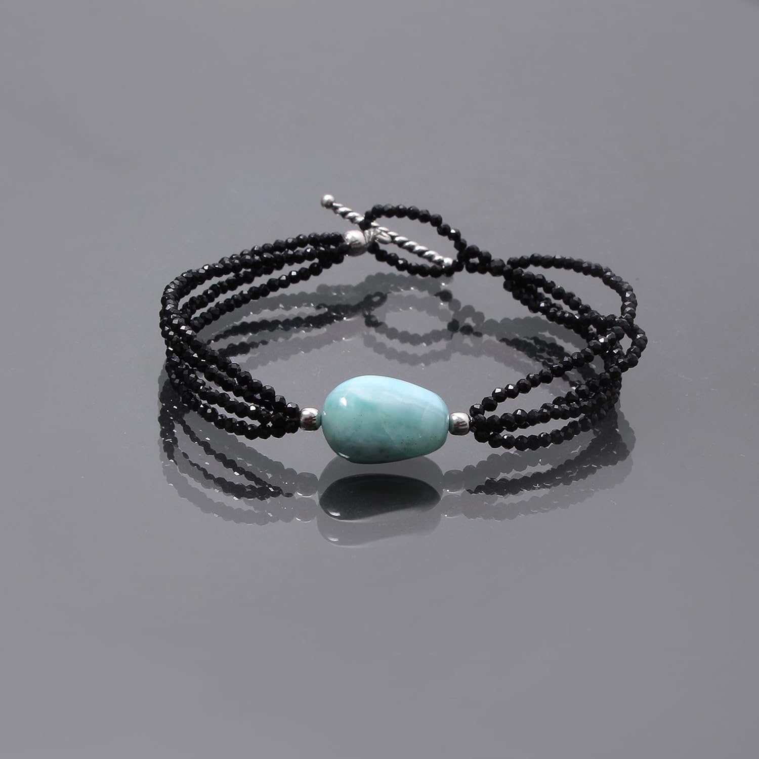 A&M GEMS & JEWELS A&M Natural Larimar Tumble Black Spinel Faceted Round 925 Sterling Silver Toggle Clasp Handmade Beaded Bracelet Minimalist Healing Black Spinel With Larimar Bracelet Jewelry - Image 2