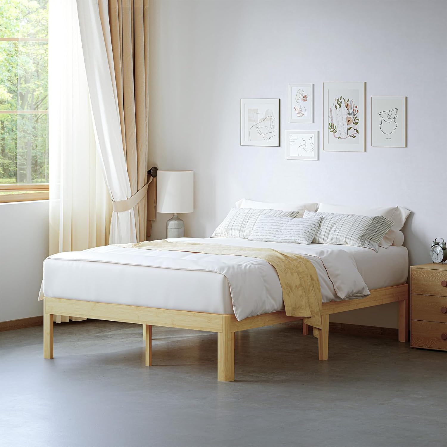 14 Inch High Bamboo Wood Heavy Duty Full Size Bed Frame No Box Spring Needed, Platform Bed Frame Full Size with Metal Slats Support, Easy to Install, Noise Free, Sturdy Full 14 Inch
