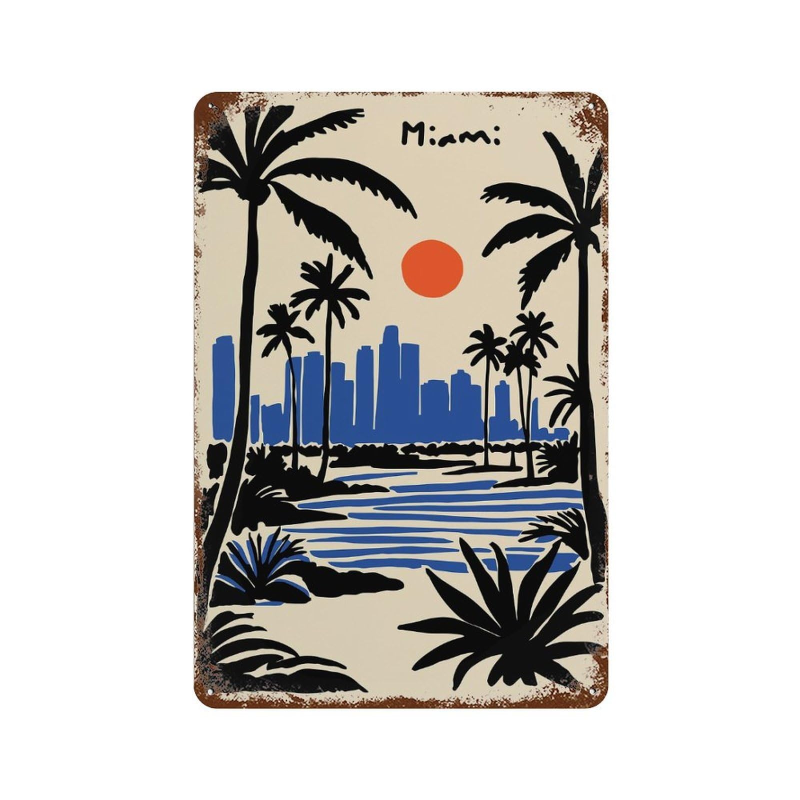 Rust Effect Miami Cityscape with Palm Trees Aged Metal Wall Plaque 11.8"x7.9", Shabby Chic Decor for Living Room, Hallway And Home Decor