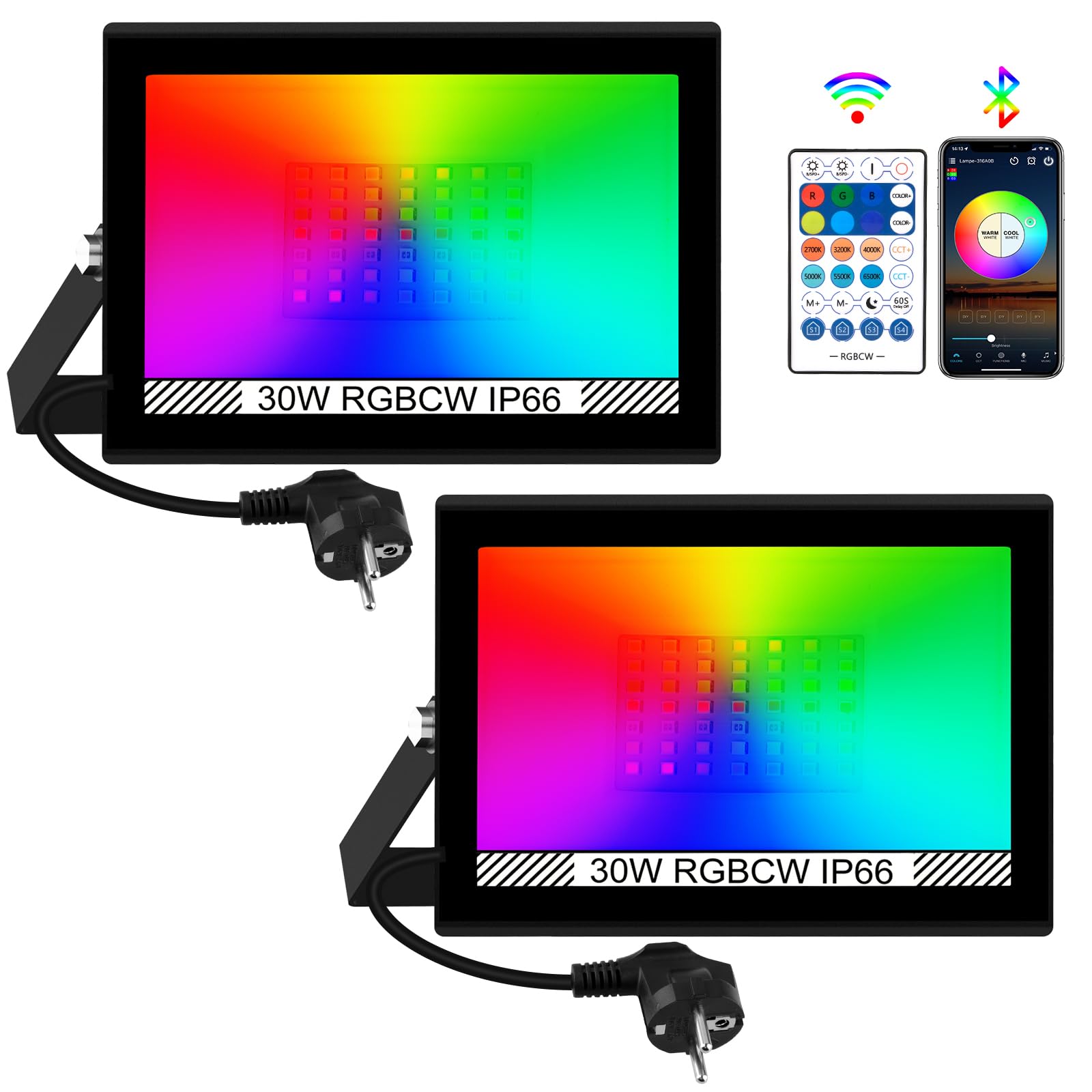 Faro LED Esterno RGB, T-SUNUS 30W Proiettore LED RGB WIFI IP66 Impermeabile Faretto LED RGB Esterno Controllo APP Bluetooth per Giardino Cortile Halloween Party 2 Pezzi
