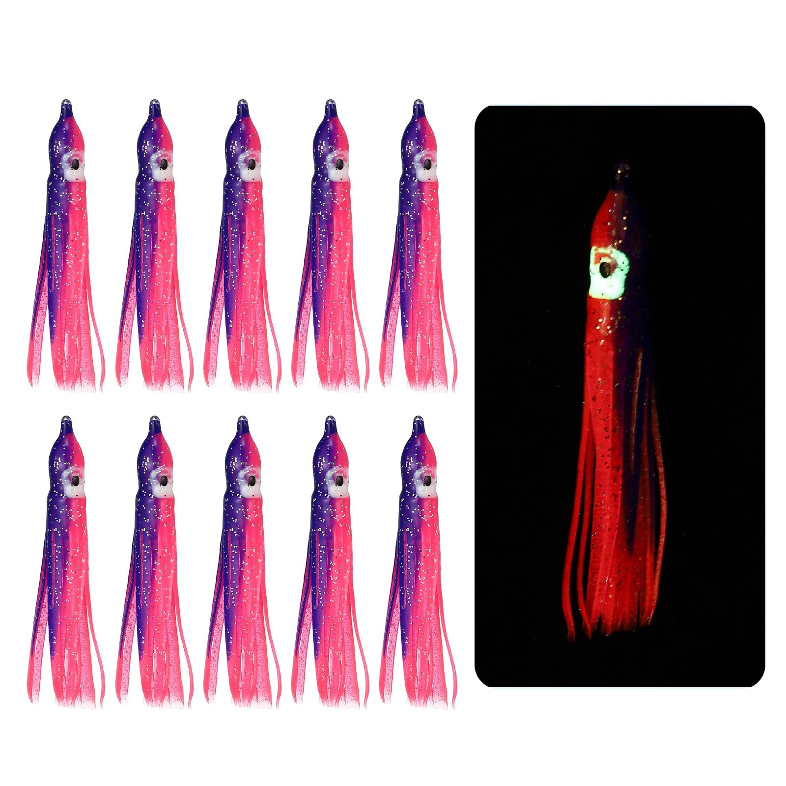 YELARXI Fishing Squid Skirts Lures Glow Soft, 2.8 x 0.4 Inch & 10 Pcs & Pink/Dark Purple