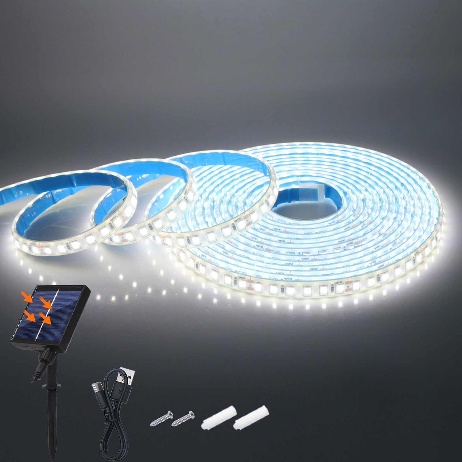 KAFULA 24V 8 Mode Solar Strip Light [1m,White 6000-6500K],IP68 Waterproof,1200MAH Solar Powered Flexible LED Rope Light CRI85+,Bedroom Garden Balcony Decorative Lighting