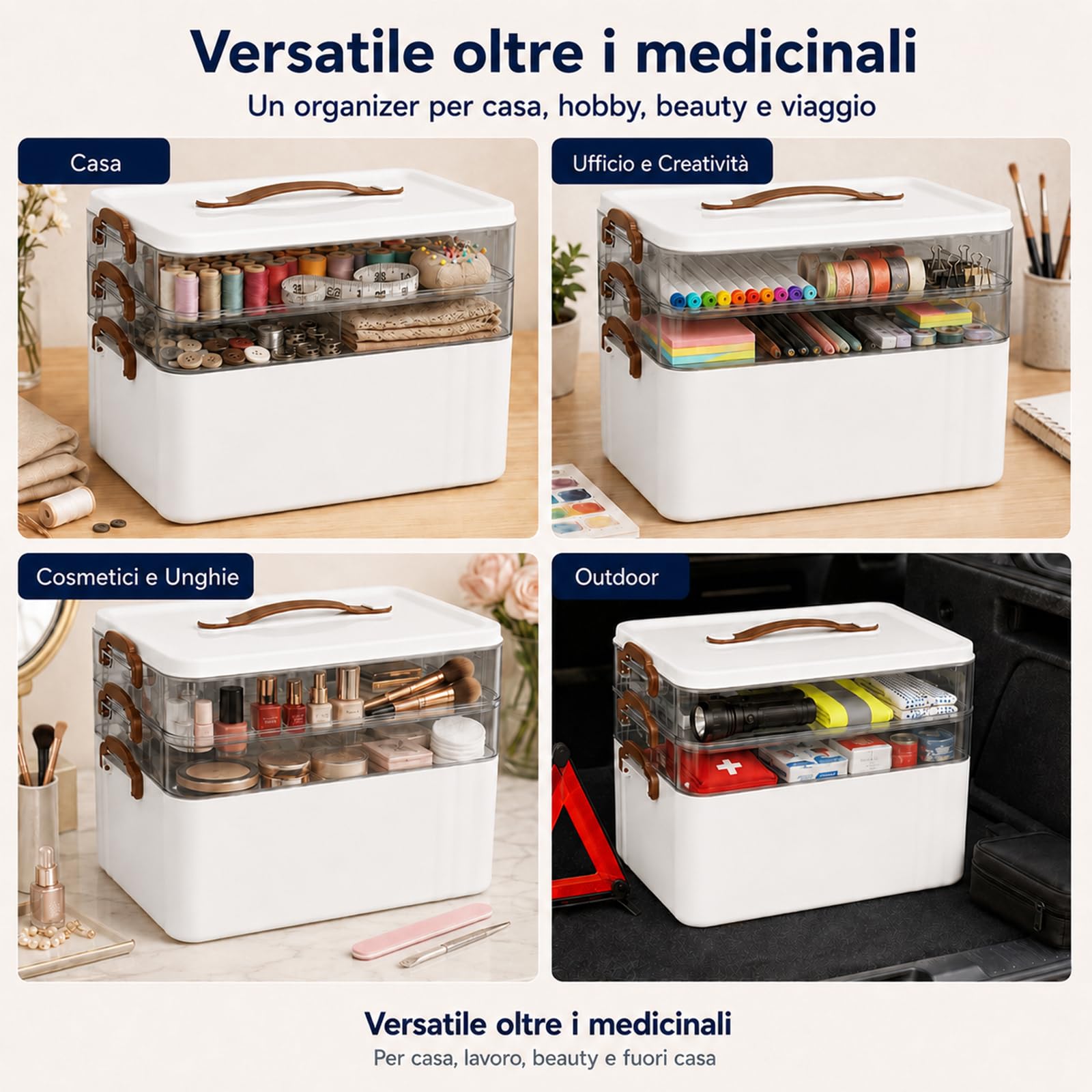 scatola di conservazione per medicinali, 3 livelli con maniglia portatile, organizer per farmaci, contenitore multifunzione per medicinali, gadget, gioielli, accessori per cucito (bianco)