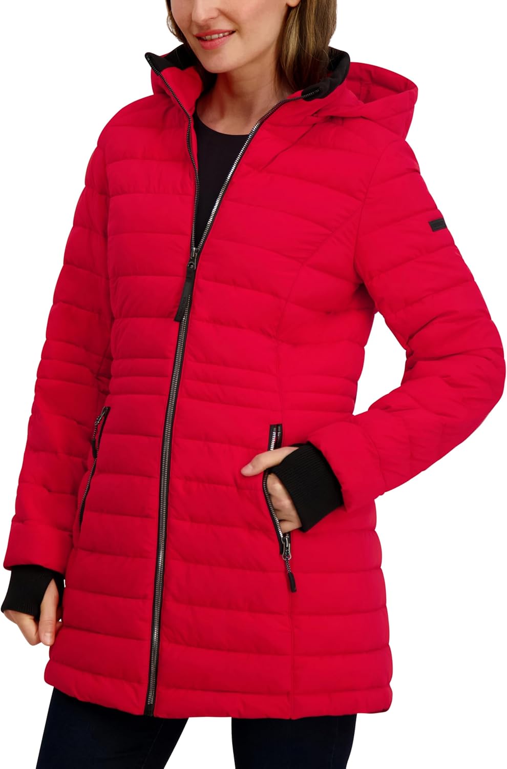 Nautica Women's Lt Down Jacket with Hood, 3/4 Length - Image 2