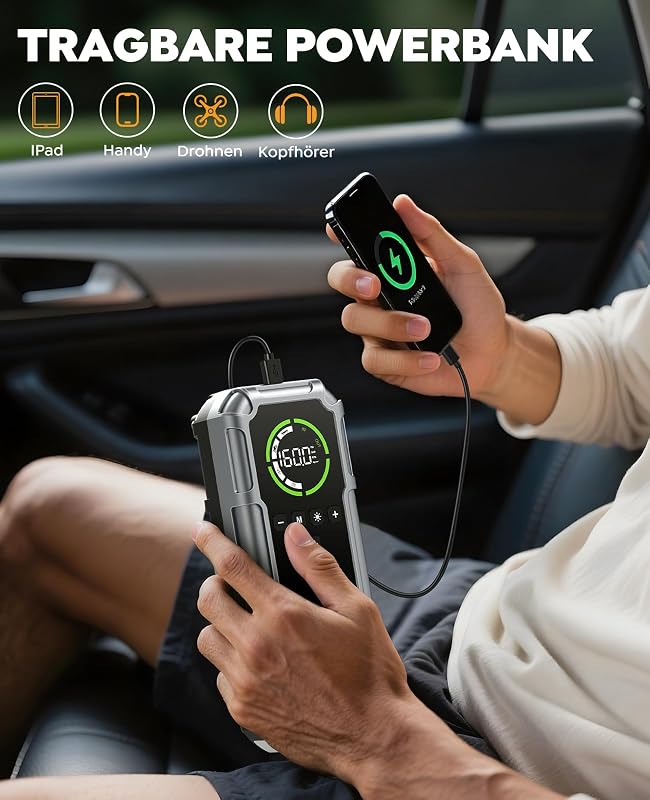 NACKEO 8000 Redresor cu pornire auto 20000 mAh cu compresor 160 PSI, LED 600 lm, afișaj LCD, pentru motoare pe benzină de 12 V și diesel de 12 L