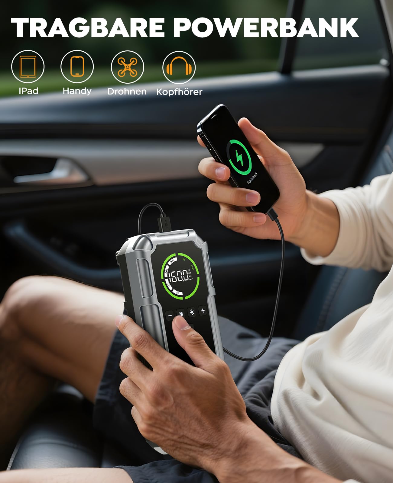 8000A Starthilfe Powerbank mit Kompressor 160PSI, 12V Auto Starthilfe Powerbank für alle Benzin und 12L Diesel, 20000mAh Starthilfegerät mit Starthilfekabel, 600 Lumen LED-Licht und LCD-Bildschirm