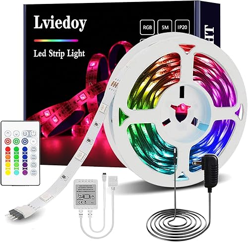 Lviedoy Tiras de luz LED de 16.4 pies RGB que cambian de color 5050 RGB iluminación LED con control remoto IR de 24 teclas y fuente de alimentación