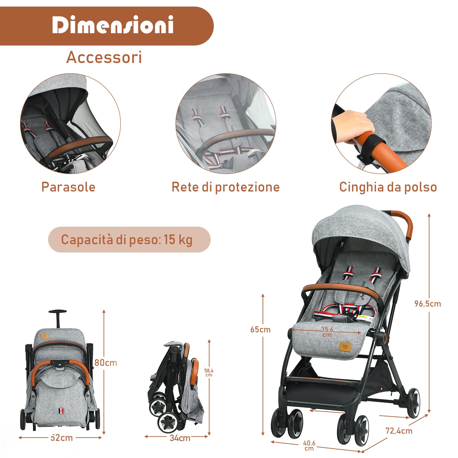 RELAX4LIFE Passeggino Leggero per Bambole 0-3 Anni, Passeggino Pieghevole con Una Mano, Telaio in Alluminio, Schienale Regolabile, Passeggino da Viaggio con Zanzariera e Cinture 5punti (Grigio)