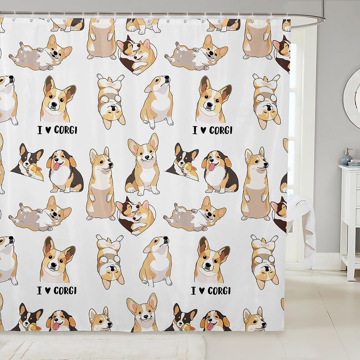 Manfei Cute Corgis Kids Shower Curtains,Lovely Dogs Pets Cartoon Bathroom Curtains,Girls Boys Adults Home Decor,Toddlers Kawaii Animals White Yellow Waterproof Curtains,12 Hooks Suits,72" W x 84" L