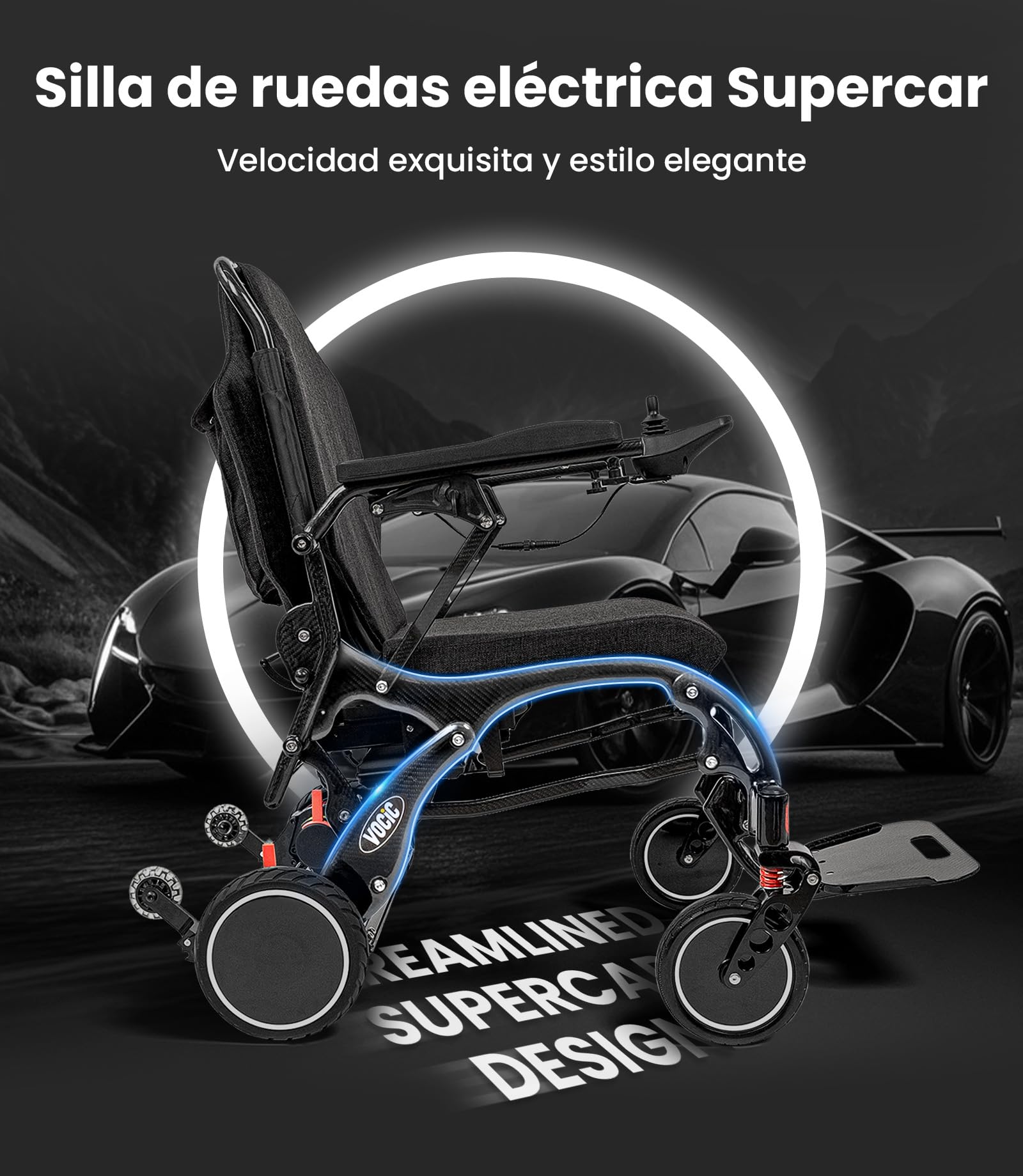 VOCIC V81 Carbono Silla de ruedas electrica plegable ligera 24KG,Sillas ruedas eléctrica de doble batería,28KM electric wheelchair para todos los terrenos,Aprobado por la aerolínea