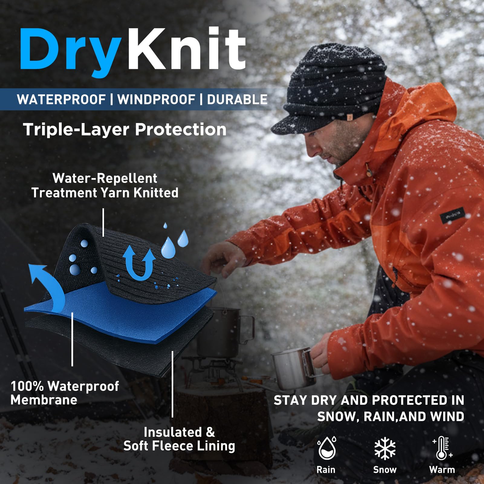TOP-EX Bonnet d'hiver imperméable en laine mérinos avec doublure en polaire chaude pour temps froid, style unisexe