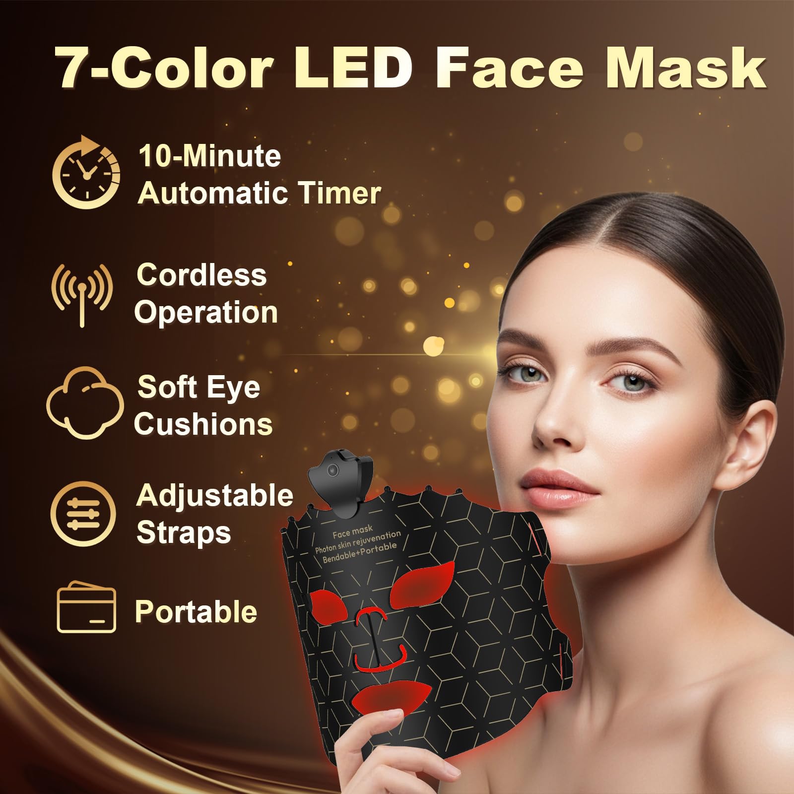 Masque LED visage 7 couleurs, 240 LED, sans fil | 7 modes, couverture uniforme, silicone doux, minuterie auto 10 min