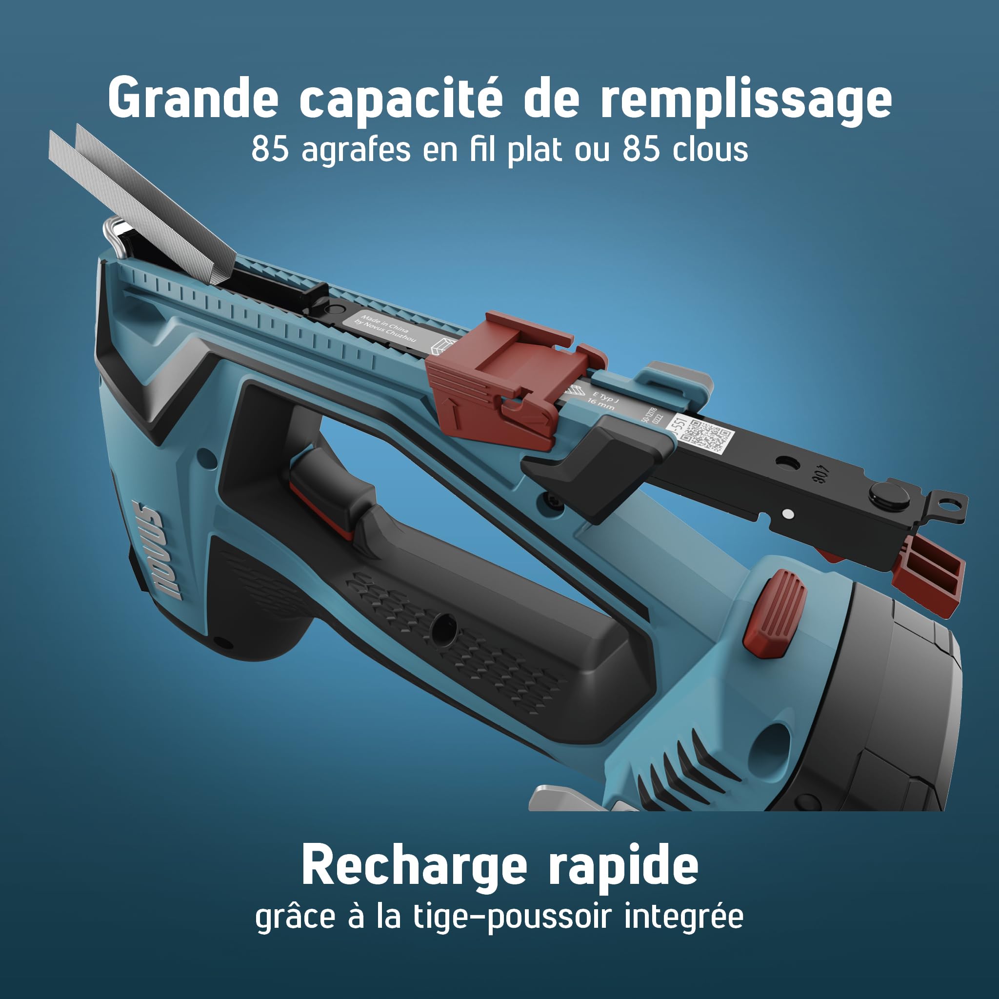 NOVUS TOOLS Agrafeuse sans fil professionnelle J-551 Kit avec 9.800 agrafes │ Pour agrafes en fil plat 6-14 mm et clous 16 mm │ Compatible avec CAS 18V │ Agrafeuse cloueuse sans batterie et chargeur
