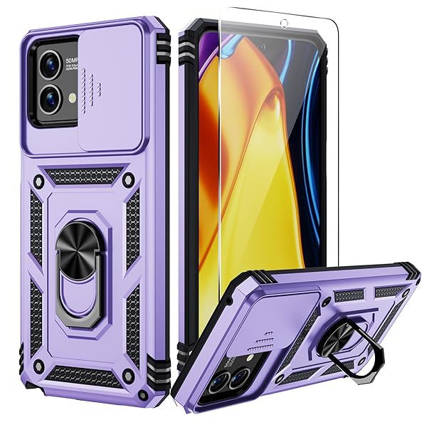 Weycolor for Moto G Stylus 5G 2023 Case,(Not for 4G Version), Camera Lens Cover, HD Screen Protector, 10 FT Military Grade Drop Protection, Magnetic Ring Holder Kickstand Phone Case, Lavender