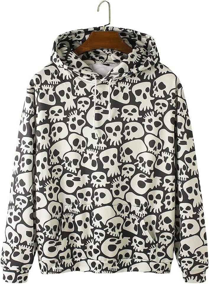 Zzple Mens Skull Print Halloween Loose Drawstring Hoodies With Muff Pocket (Color : Black, Size : XXX-Large)