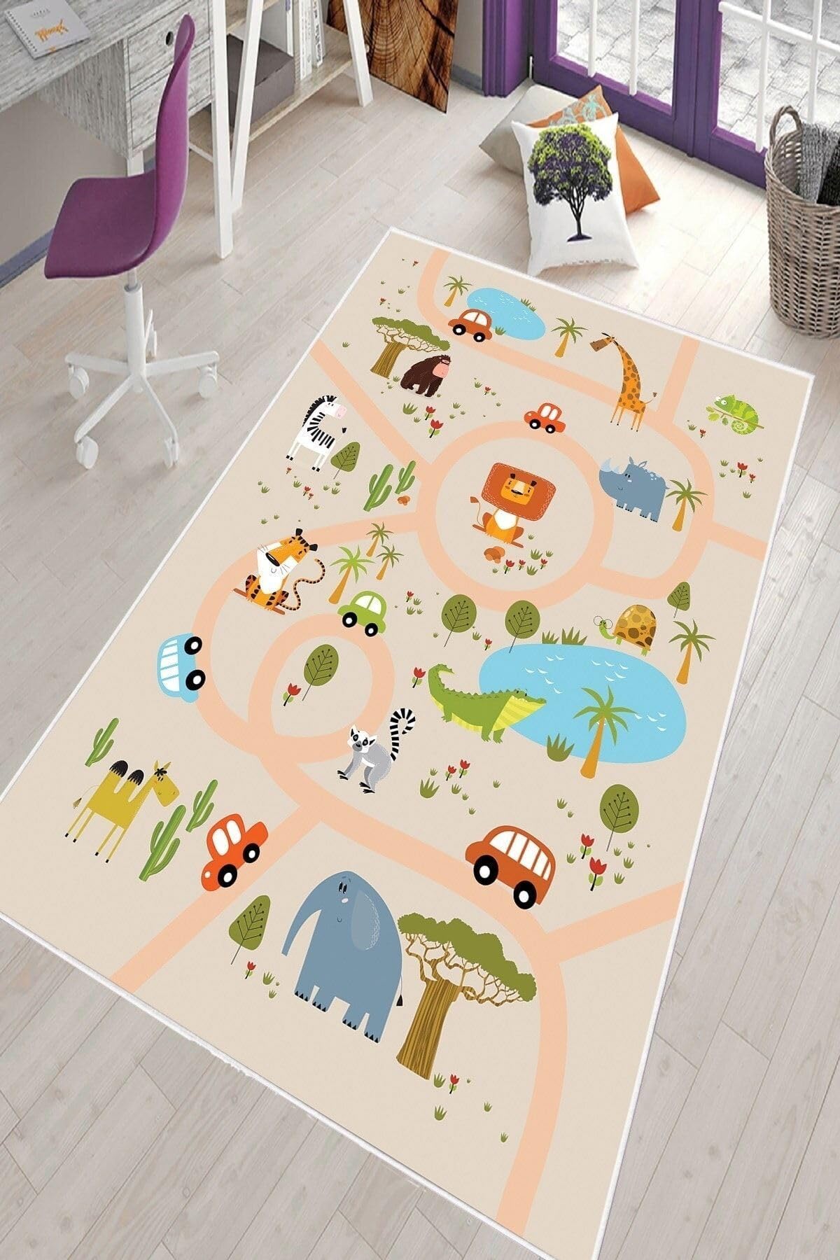 Pelangi Bej Hayvan Desenli Yıkanabilir Kaymaz Taban Leke Tutmazbebek vbe Çocuk Odası Halısı, Somon-Yeşil 160 x 230, 901357057160230