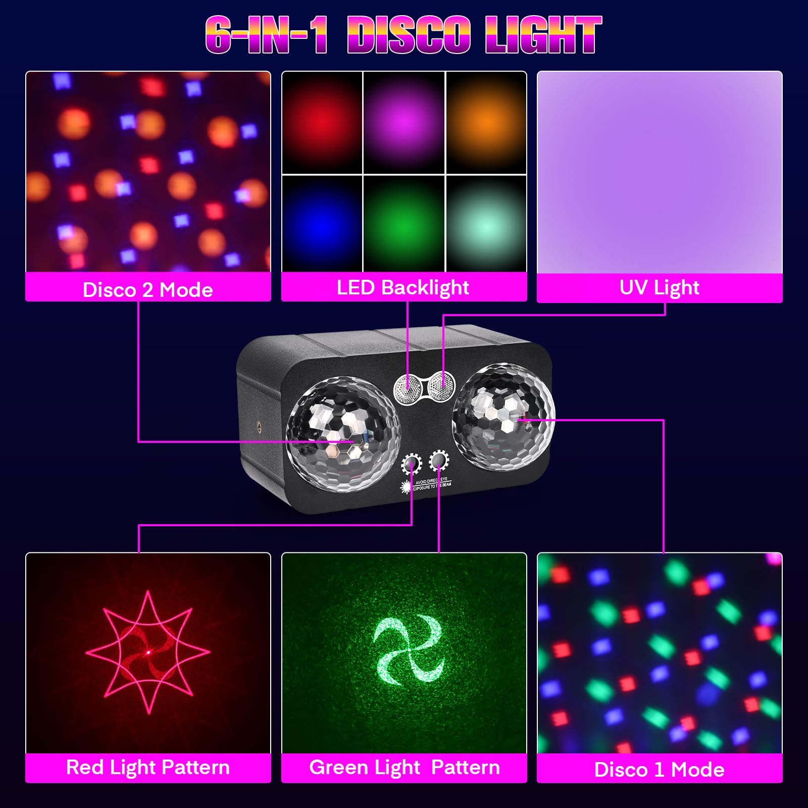 Luci da discoteca LED RGB 6 in 1 con supporto e telecomando, controllo musicale, portatili per feste ed eventi
