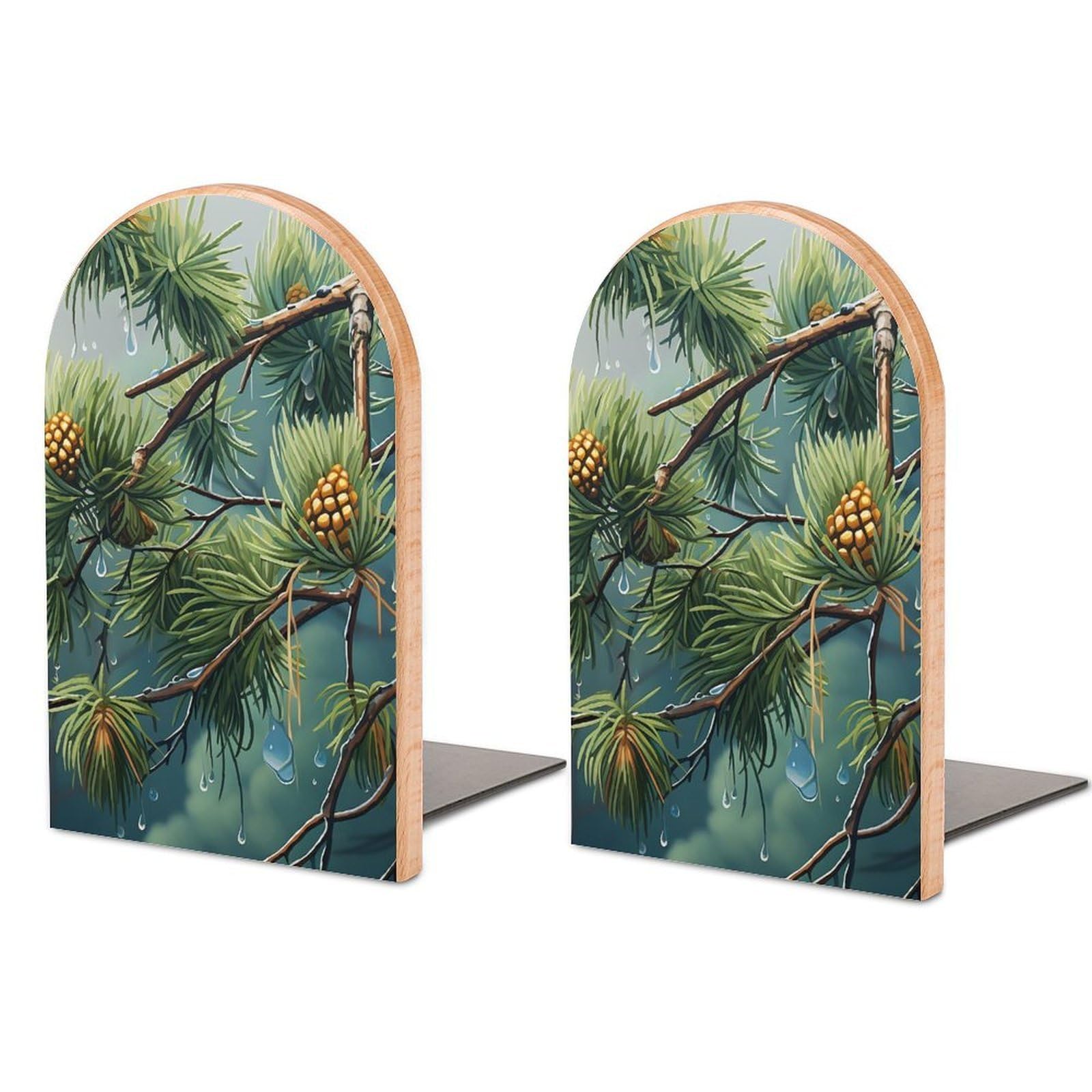 Beech Wood Book Ends Pine Tree Raindrops Printed Bookend for Shelves Home Decorative Bookends for Heavy Books for Office Bookshelves