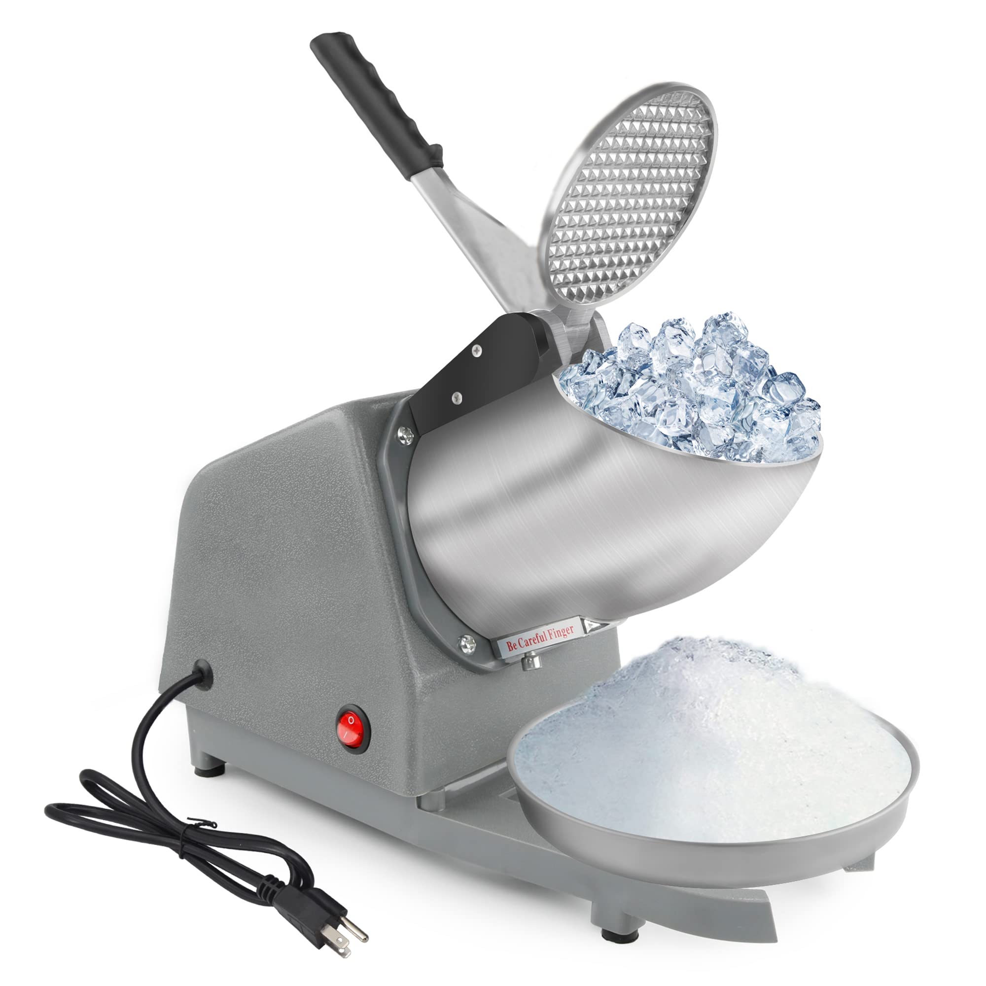 Electric Ice Crusher Ice Shaver Machine Snow Cone Machine Stainless Steel Dual Blades Double Cover 110V 300W 143lbs/hr 1400r/min for Home and Commercial Grey