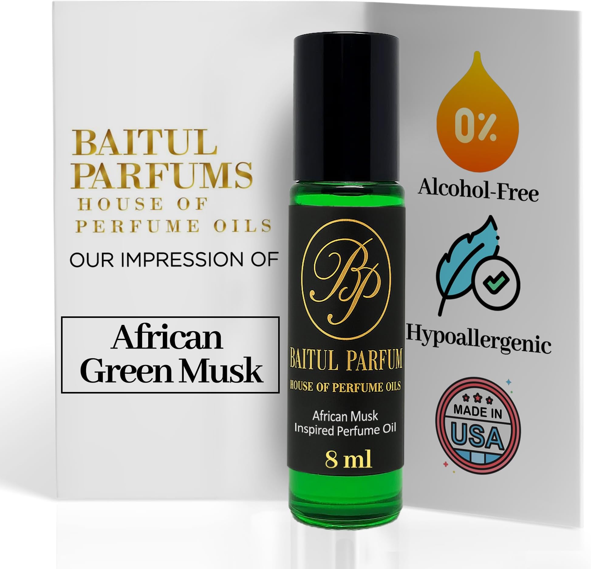Comparable to Afrikan Musk Green Alcohol-Free Fragrance - 8ml Travel Size Perfume Oil in Glass Bottle, Perfume Oil Roll On Rollerball for On the Go Use, Long Lasting and 98% True-to-Scent