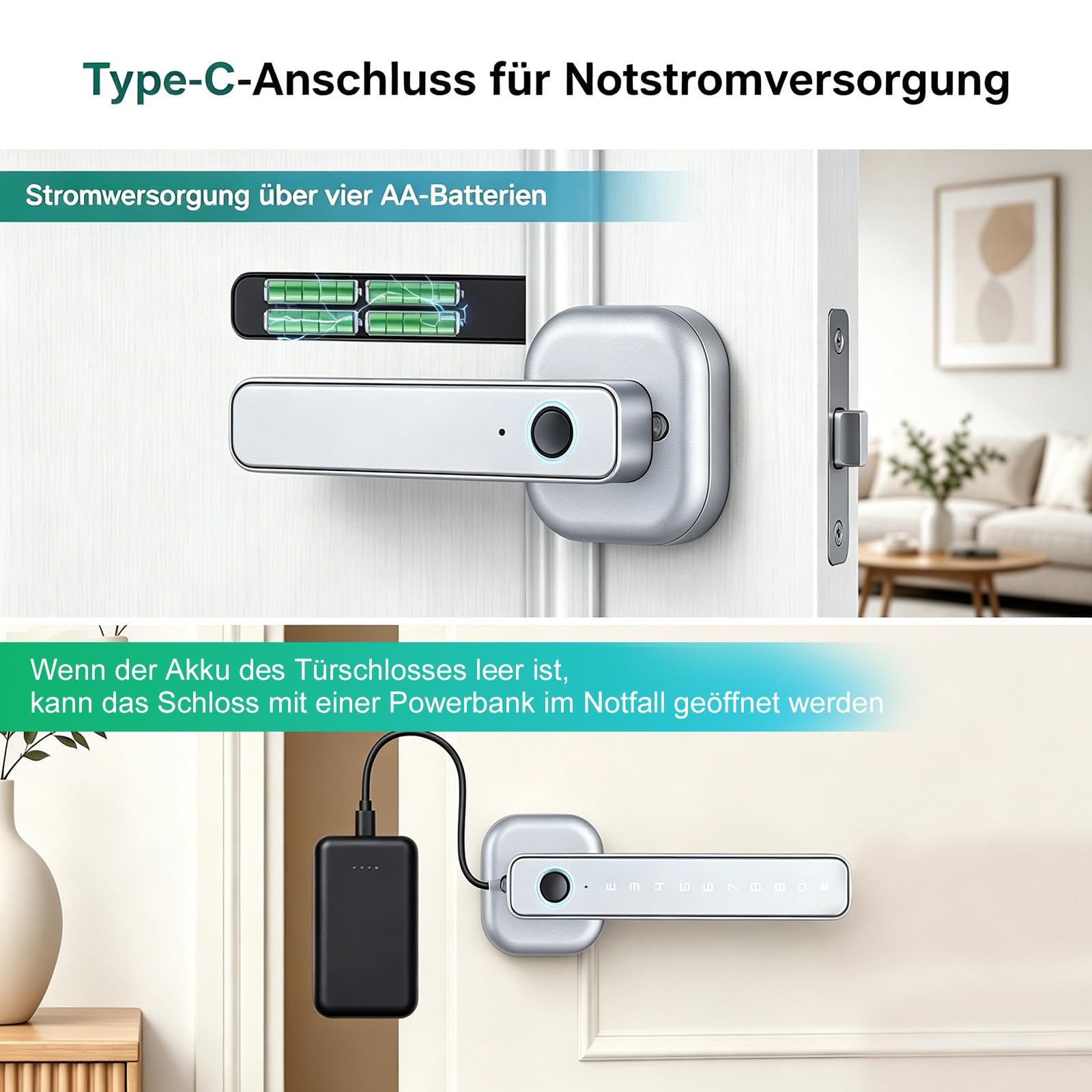 5-in-1 Intelligentes Türschloss, Elektronisches Türschloss für Bluetooth | Fingerabdruck biometrische, Temporäres Passwort, Per App gesteuert, Smart Lock, IC-Karte, für Haustür, Wohnung, Hotel, Büro